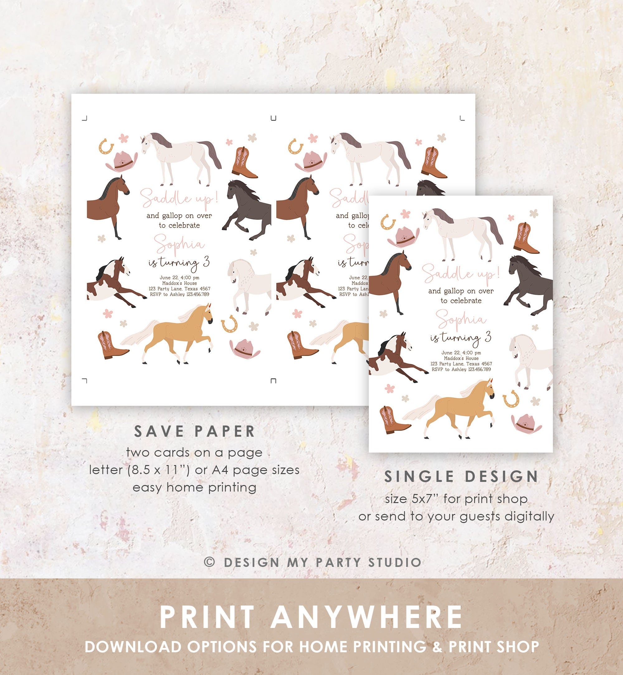 Editable Horse Birthday Invitation Girl Saddle Up Cowgirl Horse Party Horse Invite Pink Pony Floral Digital Download Template Printable 0513