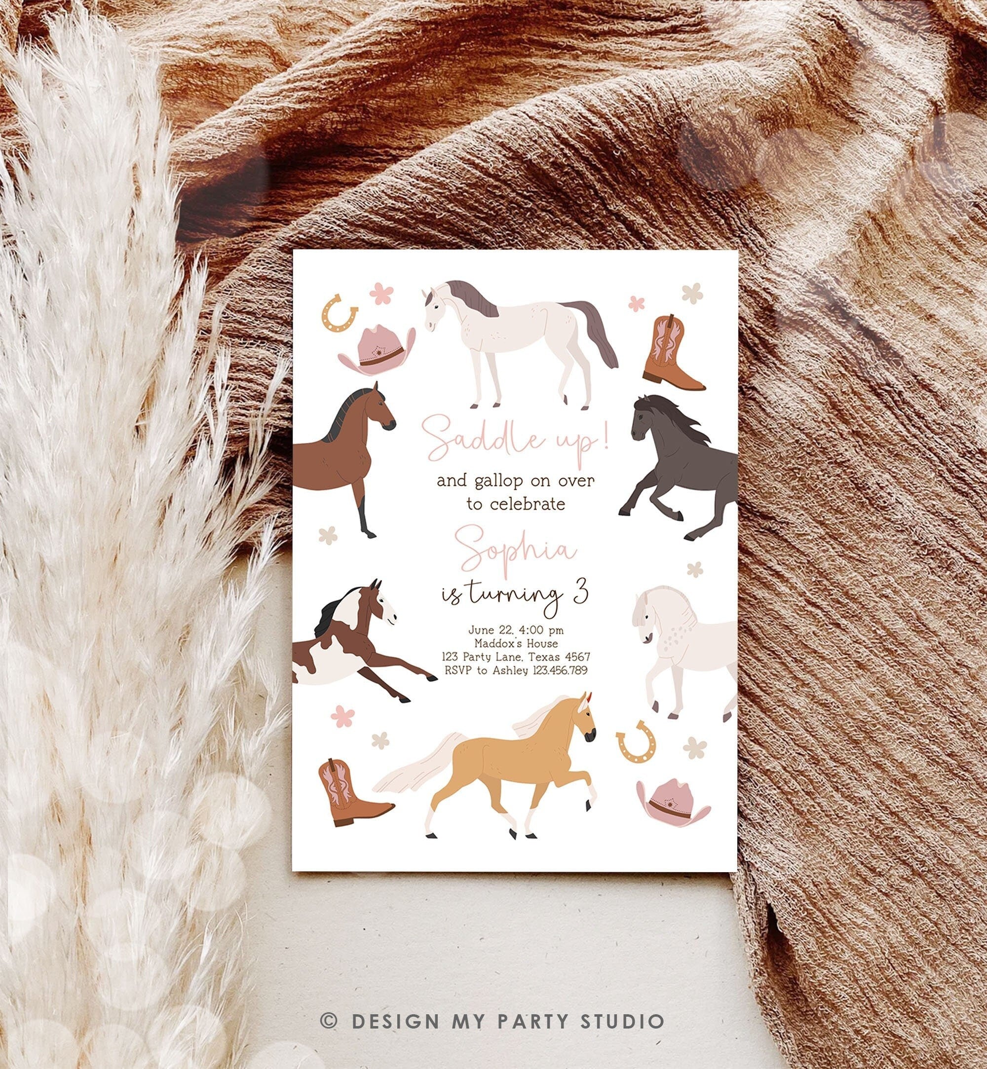 Editable Horse Birthday Invitation Girl Saddle Up Cowgirl Horse Party Horse Invite Pink Pony Floral Digital Download Template Printable 0513