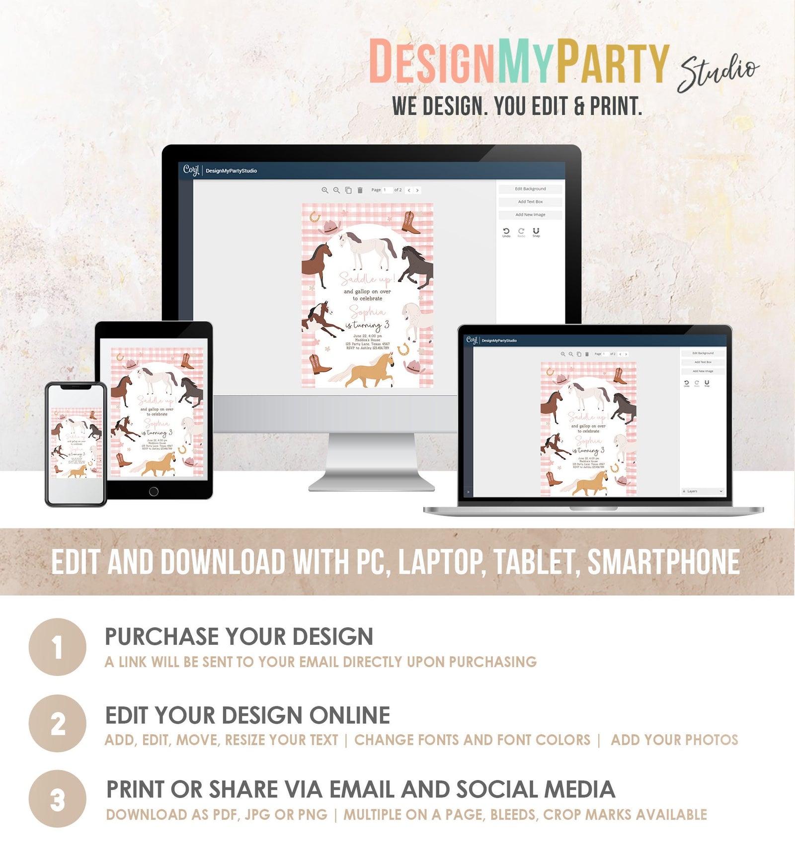 Editable Horse Birthday Invitation Girl Saddle Up Cowgirl Horse Party Horse Invite Pink Pony Floral Download Printable Template Corjl 0513