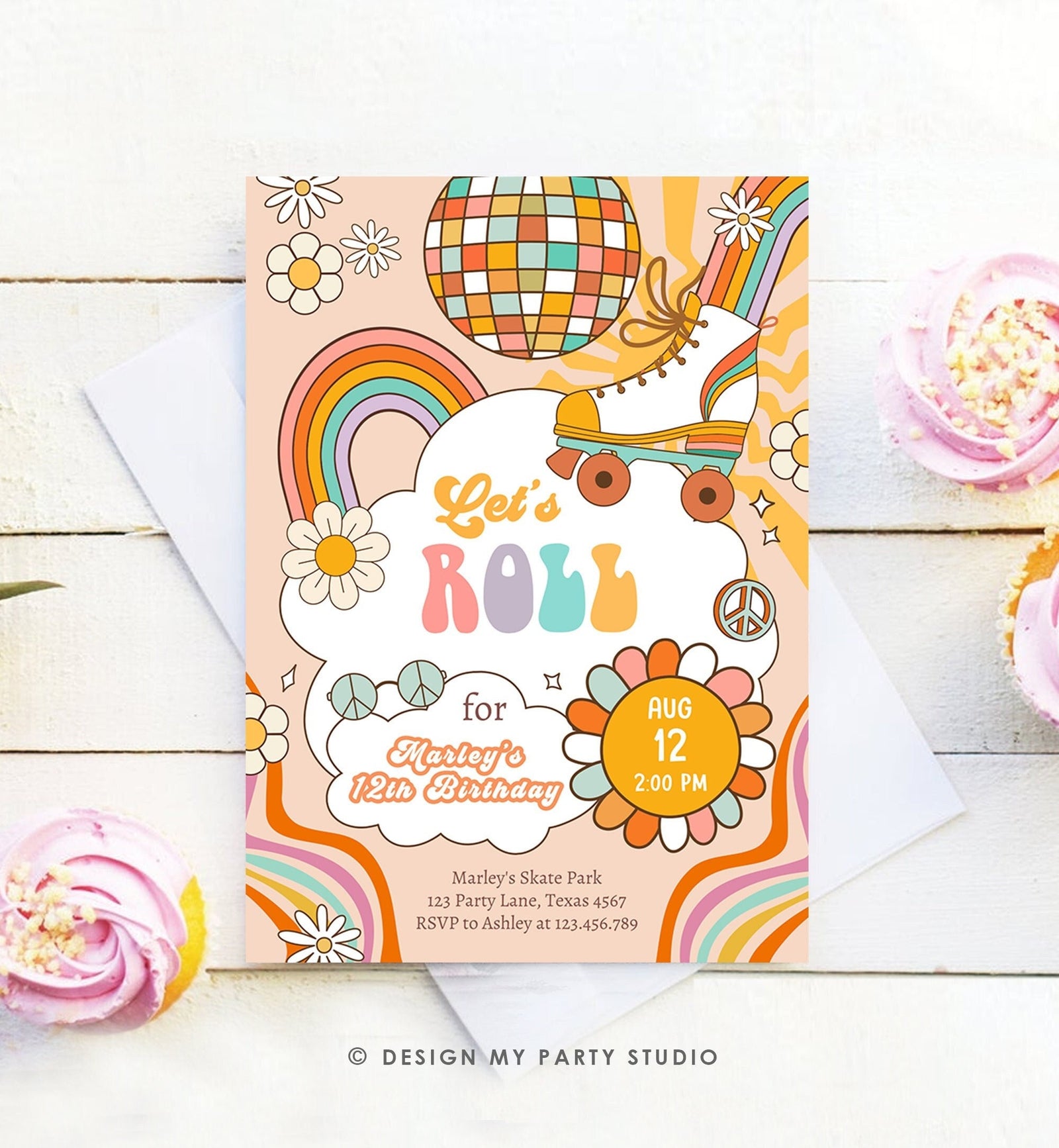 Editable Retro Roller Skate Birthday Party Invitation Let's Roll Skating Kids Rainbow 70's Skate Invite Download Template Corjl Digital 0459