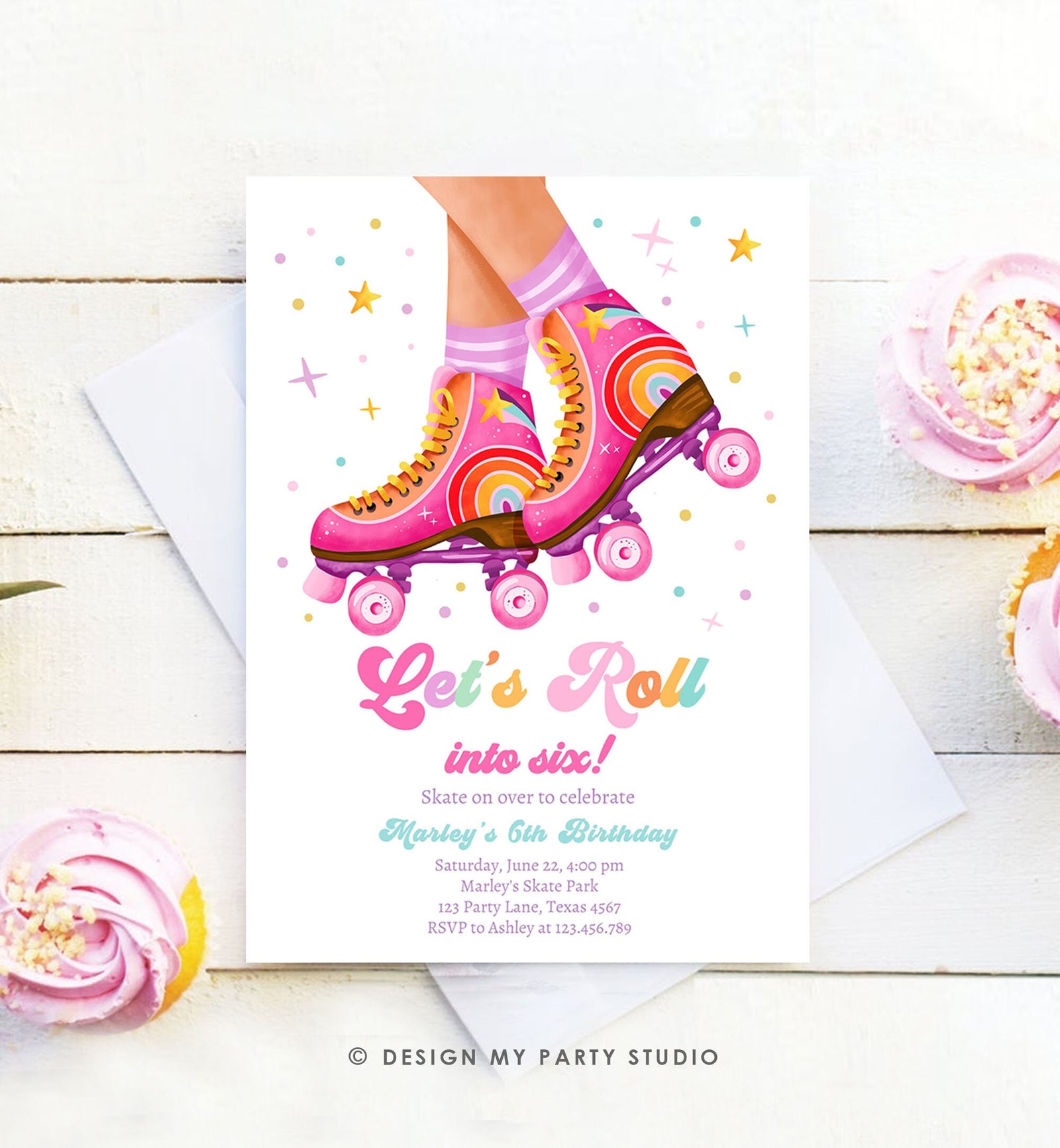 Editable Roller Skate Birthday Party Invitation Let's Roll Skating Kids Rainbow Rollerblade Rink Digital Download Template Printable 0514