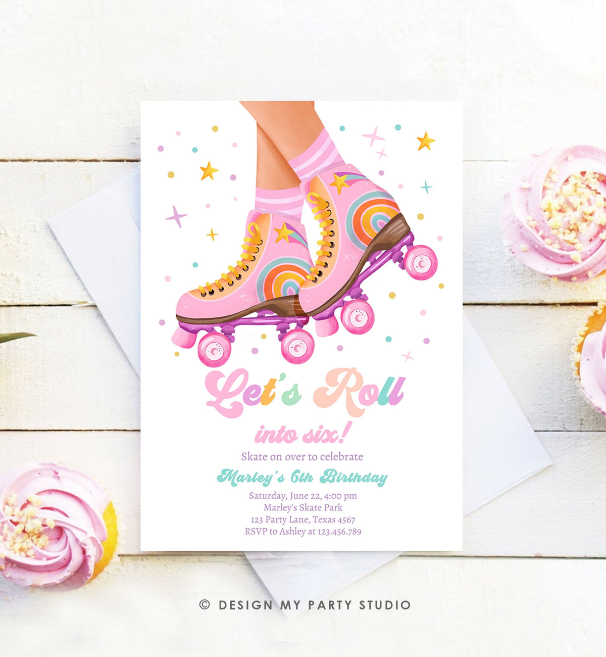Editable Roller Skate Birthday Party Invitation Let&#39;s Roll Skating Kids Rainbow Rollerblade Pink Digital Download Template Printable 0514