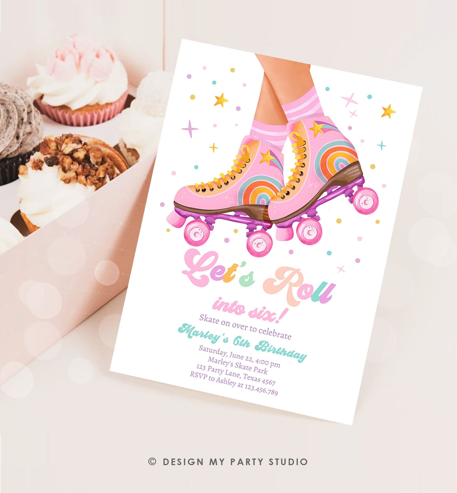 Editable Roller Skate Birthday Party Invitation Let's Roll Skating Kids Rainbow Rollerblade Pink Digital Download Template Printable 0514