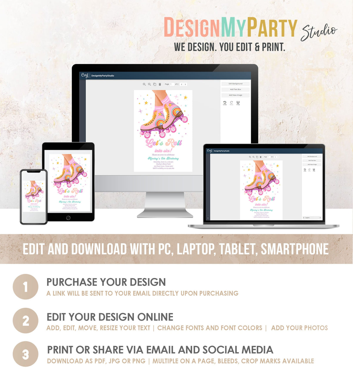 Editable Roller Skate Birthday Party Invitation Let&#39;s Roll Skating Kids Rainbow Rollerblade Pink Digital Download Template Printable 0514