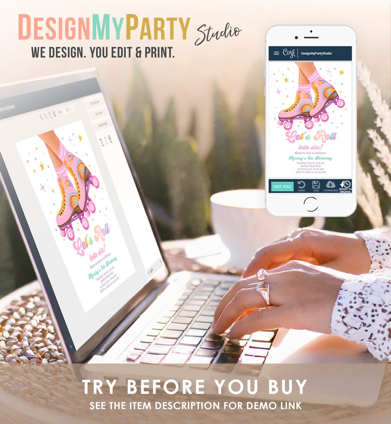 Editable Roller Skate Birthday Party Invitation Let's Roll Skating Kids Rainbow Rollerblade Pink Digital Download Template Printable 0514