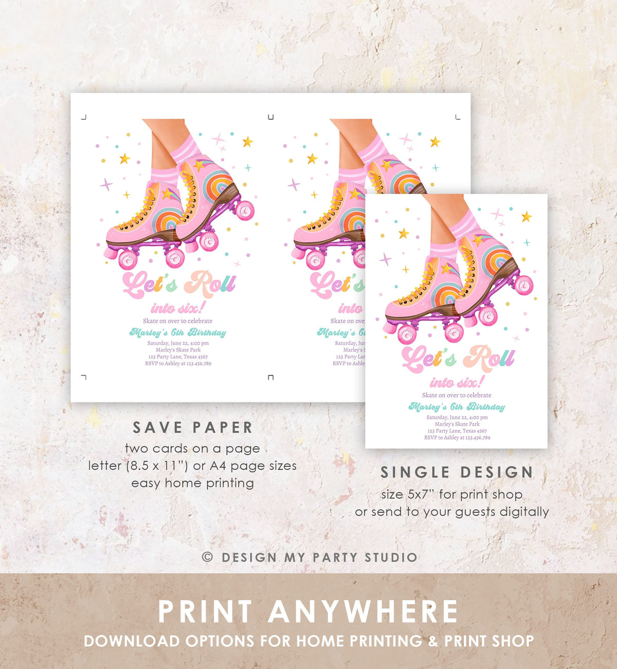 Editable Roller Skate Birthday Party Invitation Let&#39;s Roll Skating Kids Rainbow Rollerblade Pink Digital Download Template Printable 0514