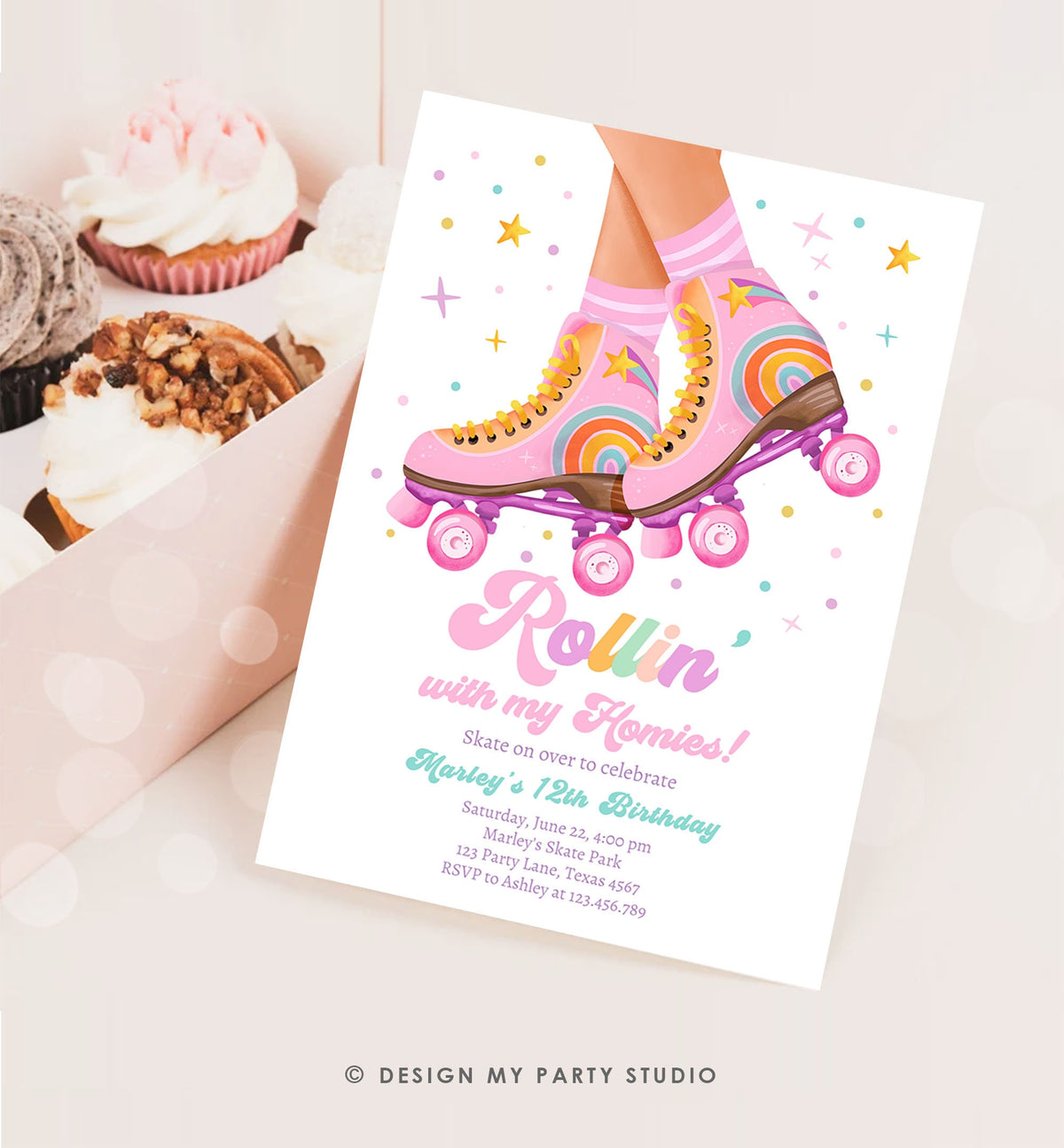 Editable Retro Roller Skate Birthday Party Invitation Rollin&#39; With My Homies Skating 70&#39;s Skate Invite Download Template Evite Digital 0514