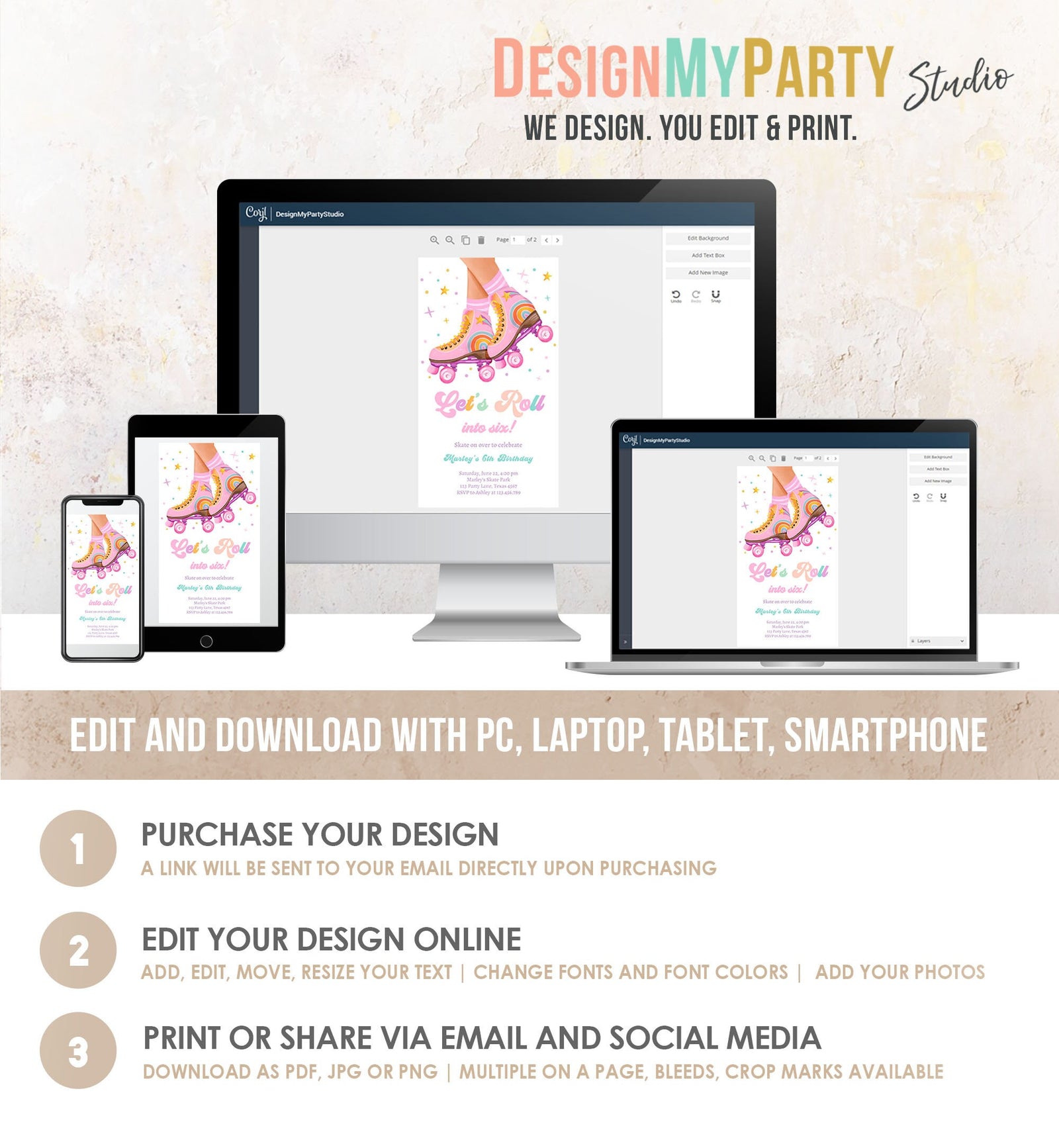 Editable Roller Skating Birthday Party Evite Teen Girl Skating Skate Rollerblade Rainbow Electronic Digital Download Evite Template 0514