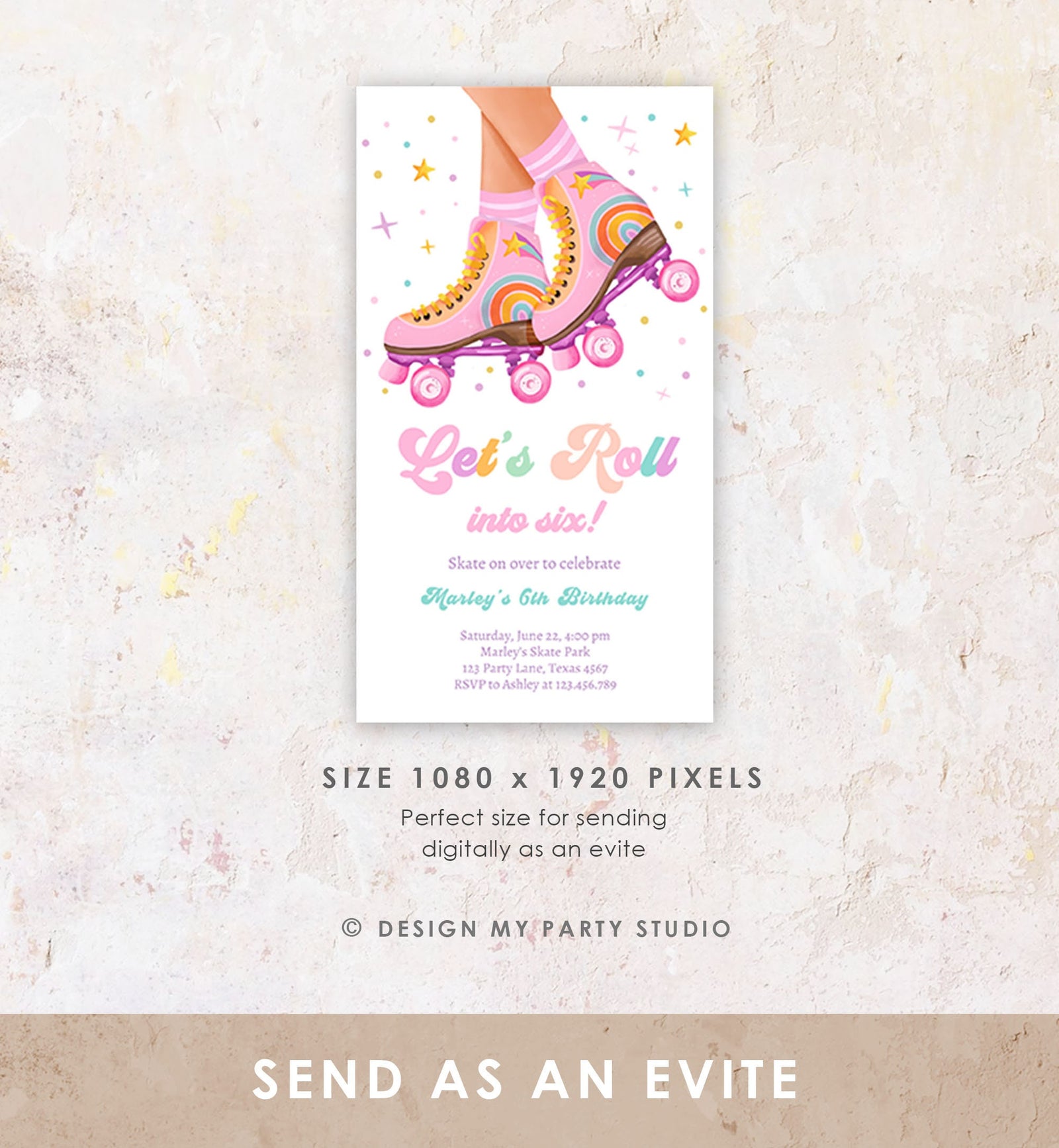 Editable Roller Skating Birthday Party Evite Teen Girl Skating Skate Rollerblade Rainbow Electronic Digital Download Evite Template 0514
