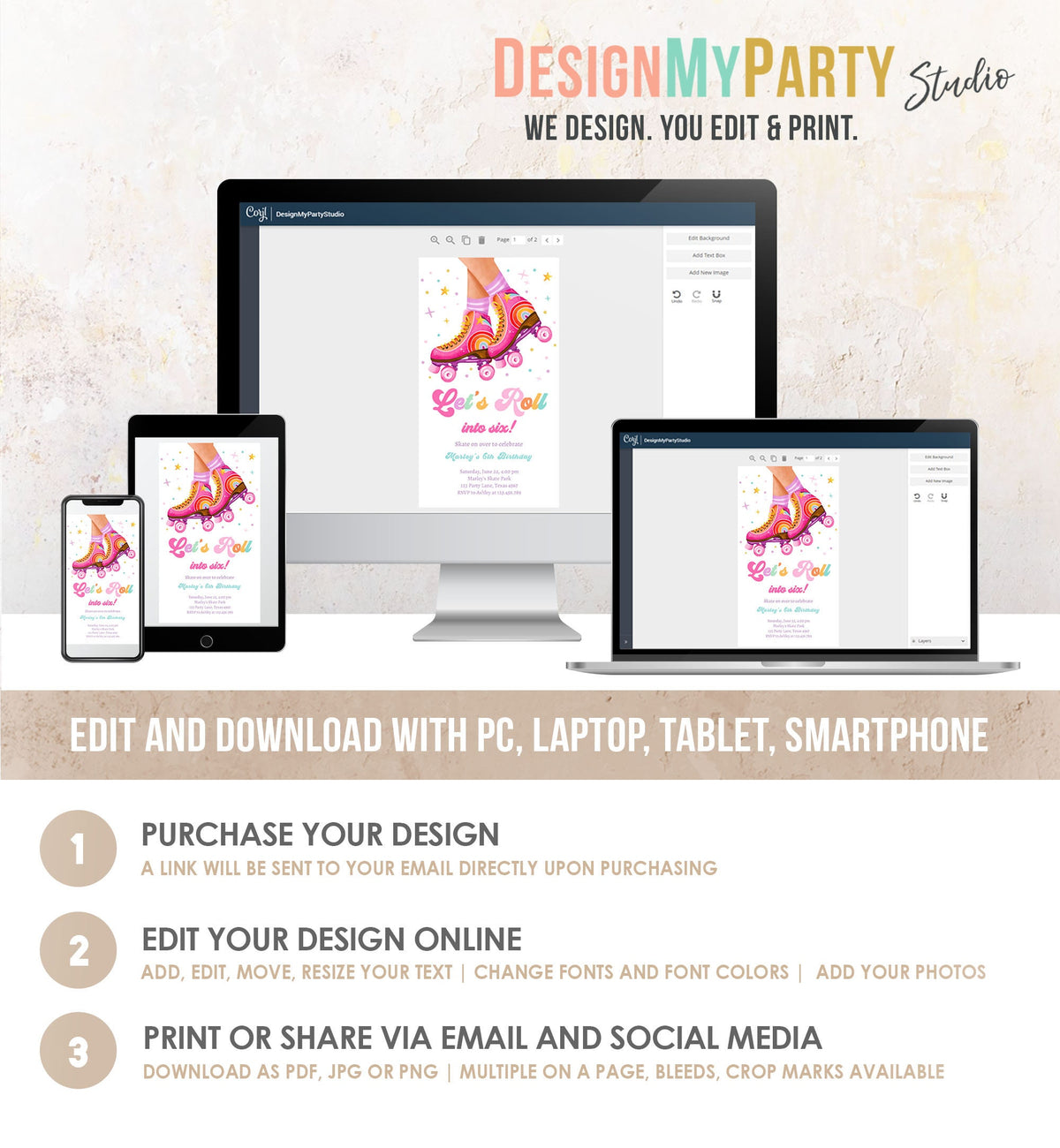 Editable Roller Skating Birthday Party Evite Teen Girl Skating Skate Rollerblade Rainbow Electronic Digital Download Template Printable 0514