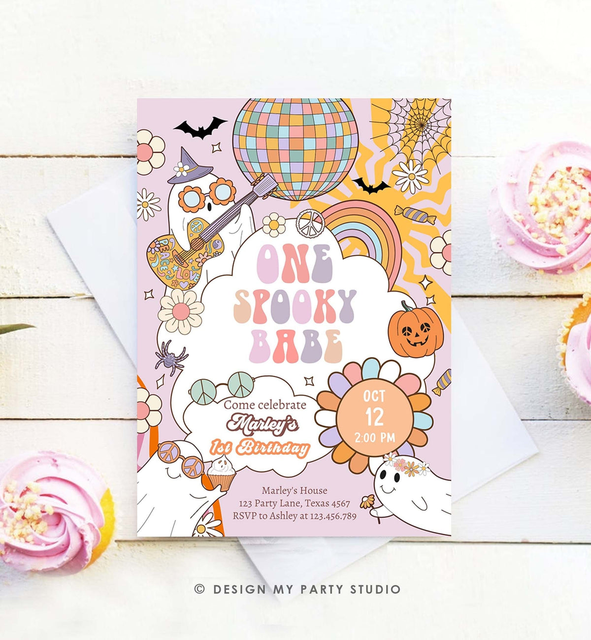 Editable Groovy Halloween 1st Birthday Invitation One Spooky Babe Pink Ghost Party Girl Spooktacular Download Printable Template Corjl 0471