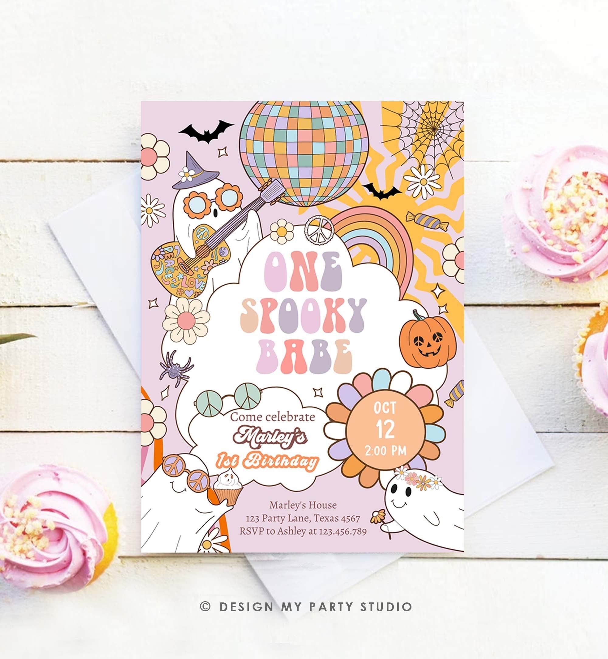 Editable Groovy Halloween 1st Birthday Invitation One Spooky Babe Pink Ghost Party Girl Spooktacular Download Printable Template Corjl 0471
