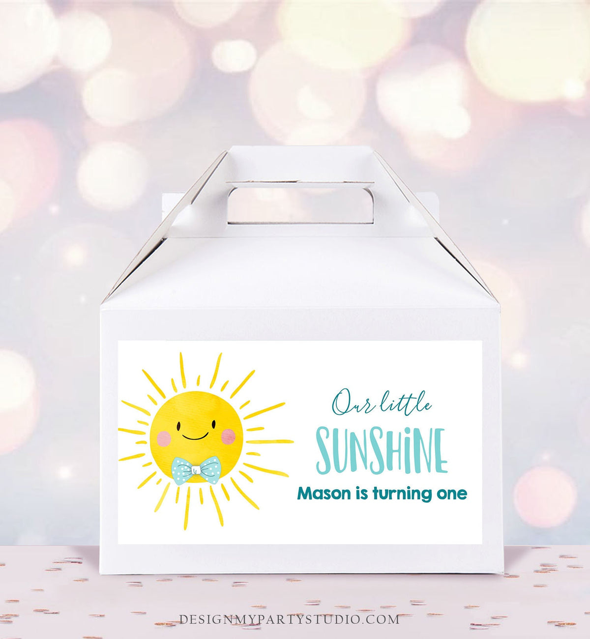 Editable Sunshine Boy Birthday Party Gable Box Favor Label Boho Sun Gift Box Labels Sun First Trip Digital Download Template Printable 0141