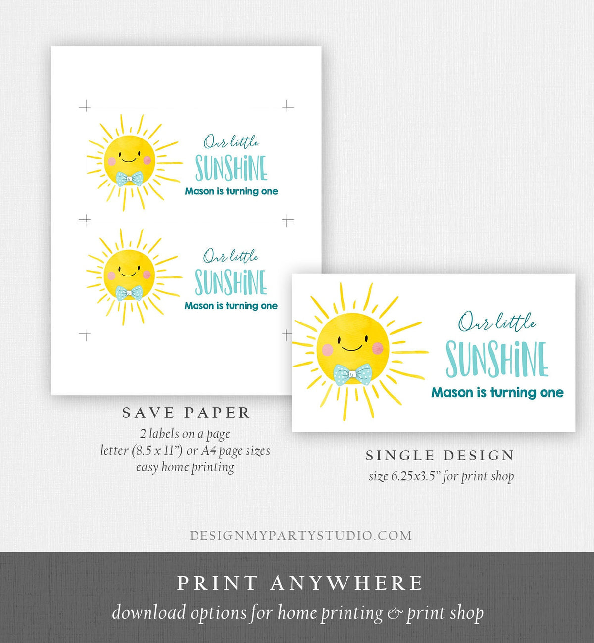 Editable Sunshine Boy Birthday Party Gable Box Favor Label Boho Sun Gift Box Labels Sun First Trip Digital Download Template Printable 0141