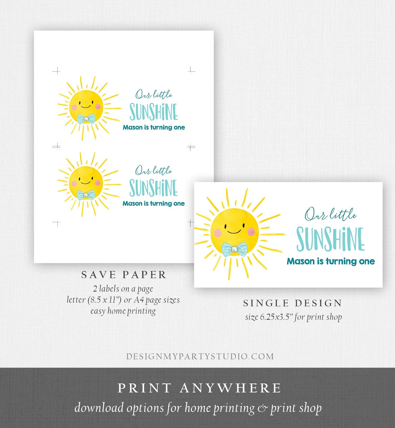 Editable Sunshine Boy Birthday Party Gable Box Favor Label Boho Sun Gift Box Labels Sun First Trip Digital Download Template Printable 0141