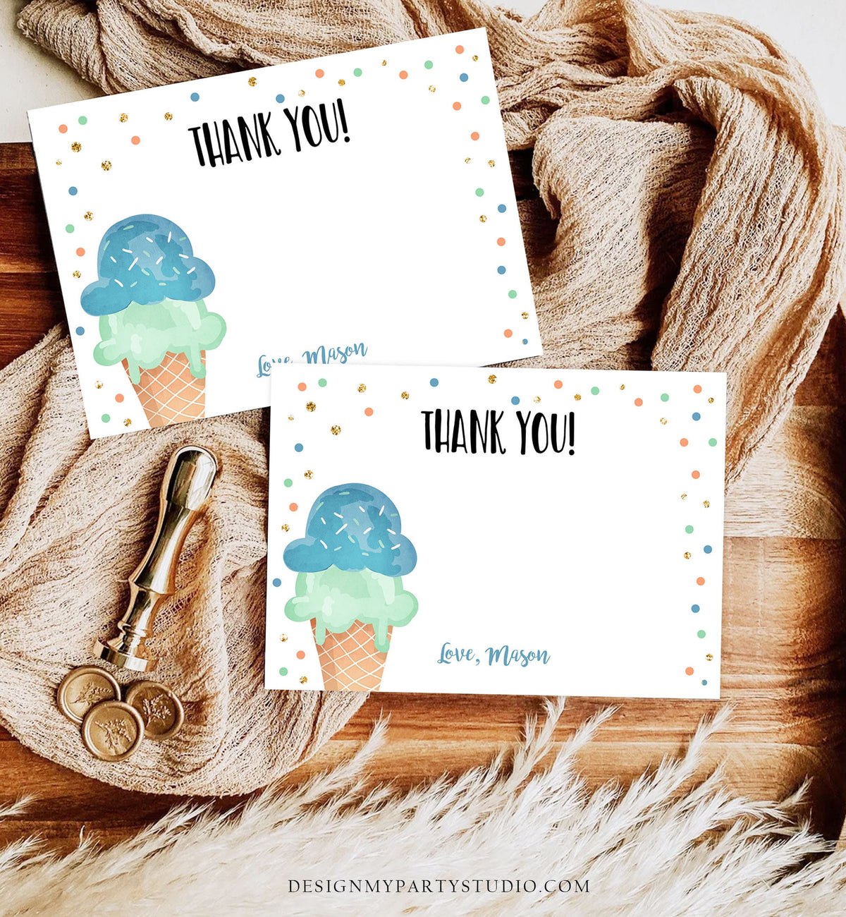 Editable Ice Cream Thank You Card Ice Cream Birthday Thank You Note Boy Birthday Summer Digital Download Template Printable 0243