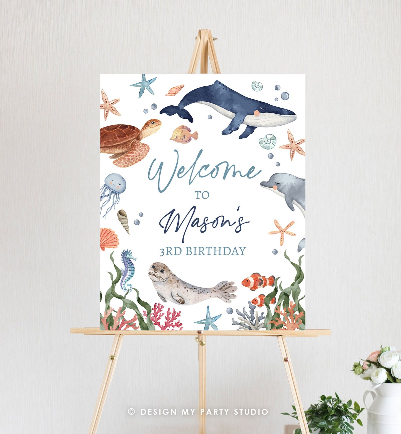 Editable Under the Sea Welcome Sign Nautical Birthday Decor Ocean Animals Whale Turtle Dolphin Sea Life Digital Template Printable 0504