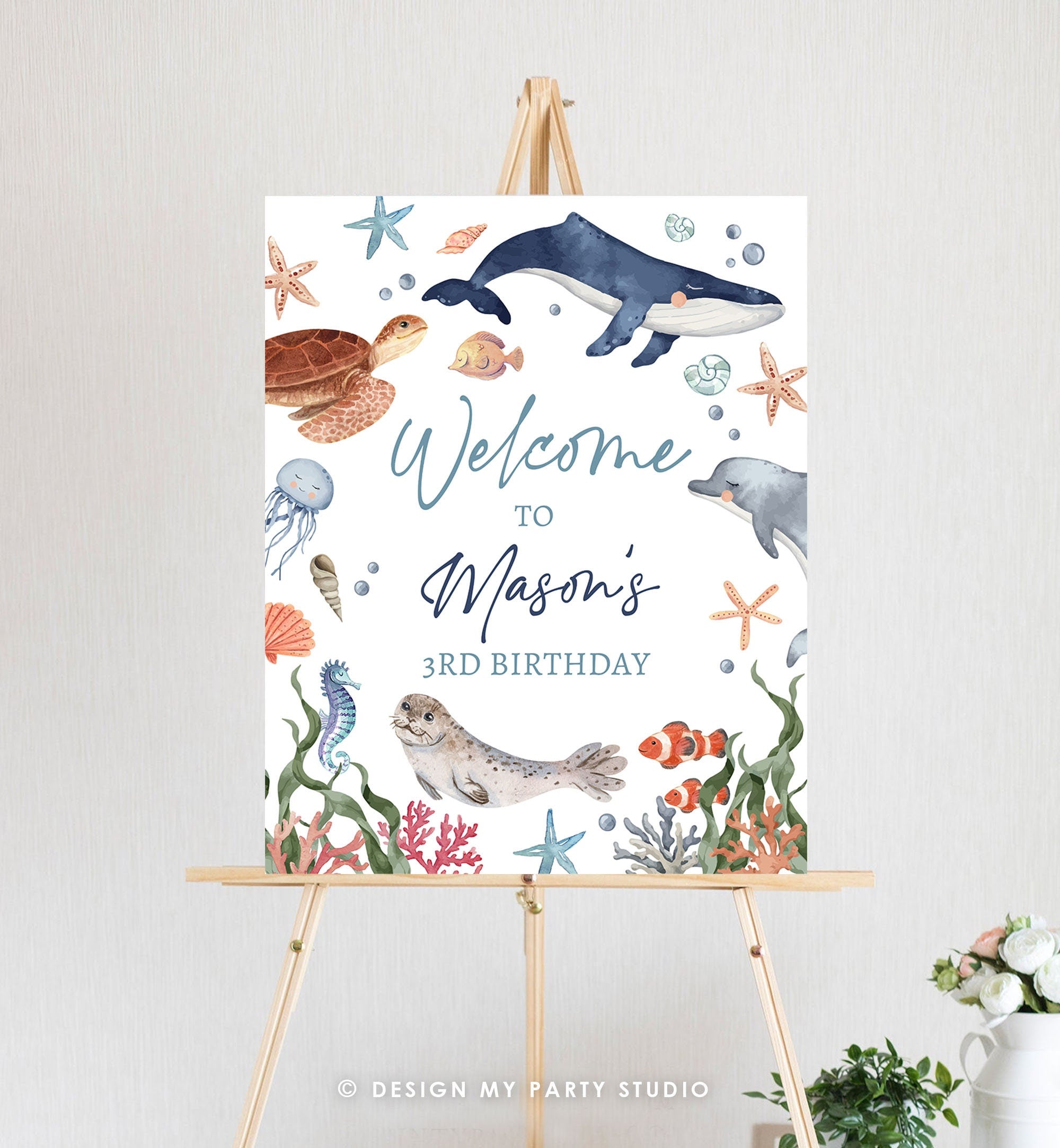 Editable Under the Sea Welcome Sign Nautical Birthday Decor Ocean Animals Whale Turtle Dolphin Sea Life Digital Template Printable 0504