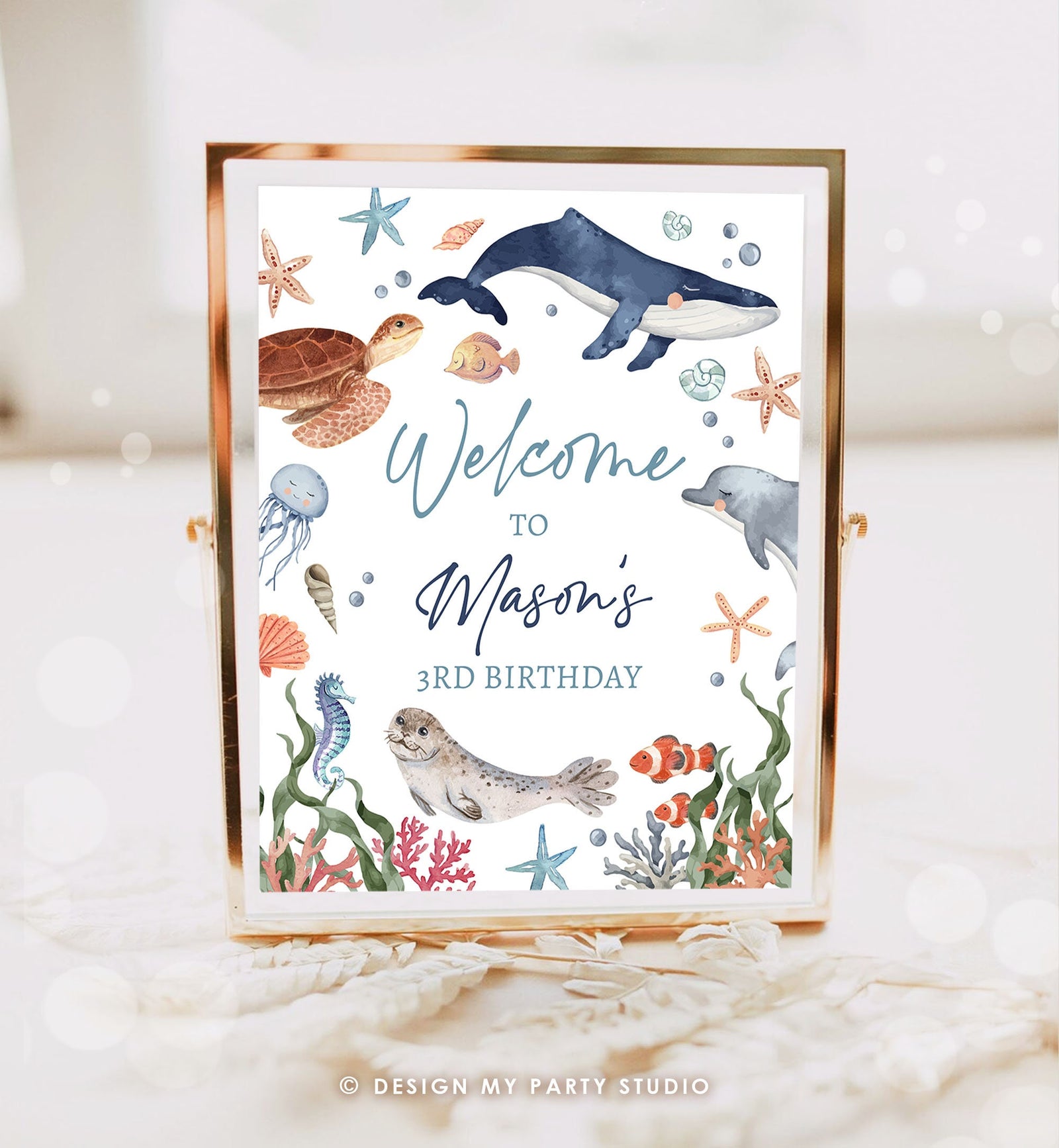 Editable Under the Sea Welcome Sign Nautical Birthday Decor Ocean Animals Whale Turtle Dolphin Sea Life Digital Template Printable 0504