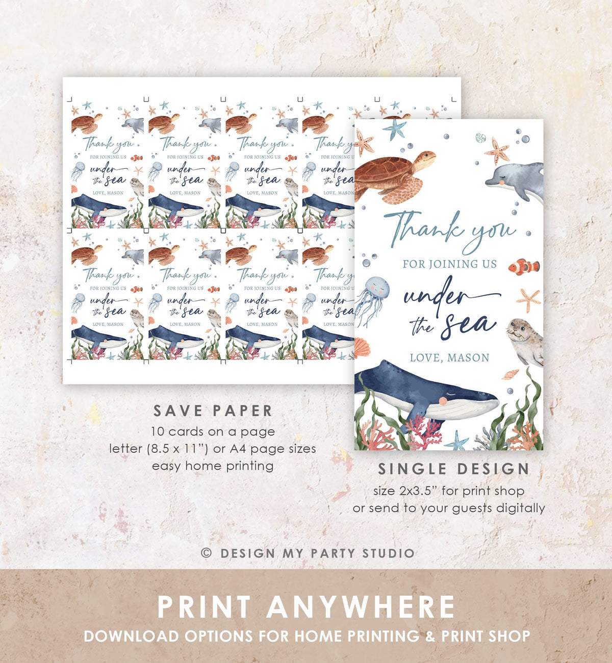 Editable Under the Sea Favor Tag Nautical Birthday Sea Life Ocean Animals Whale Dolphin Turtle Jellyfish Download Template Printable 0504