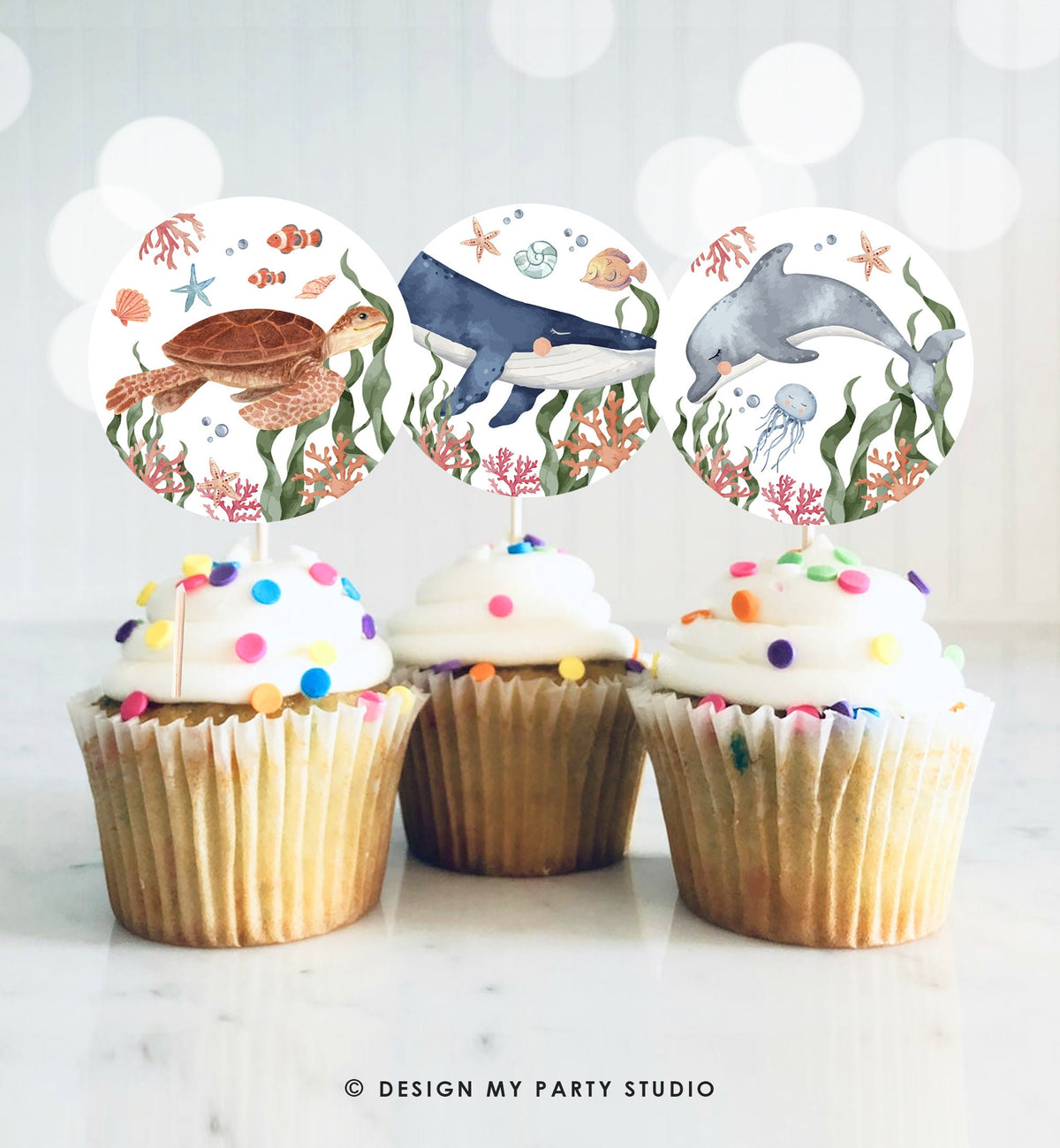 Under the Sea Birthday Party Cupcake Toppers Whale Turtle Dolphin Jellyfish Sea Life Birthday Party Cake Topper Decor Digital Printable 0504