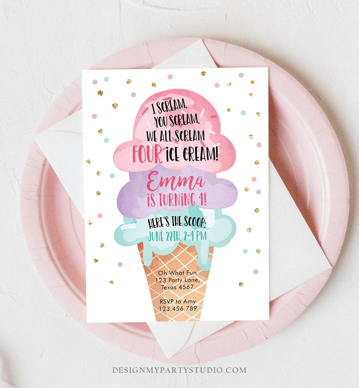 Editable Ice Cream I Scream Birthday Invitation Four Birthday Party 4th Here&#39;s the Scoop Cone Pink Mint Gold Purple Corjl Template 0243