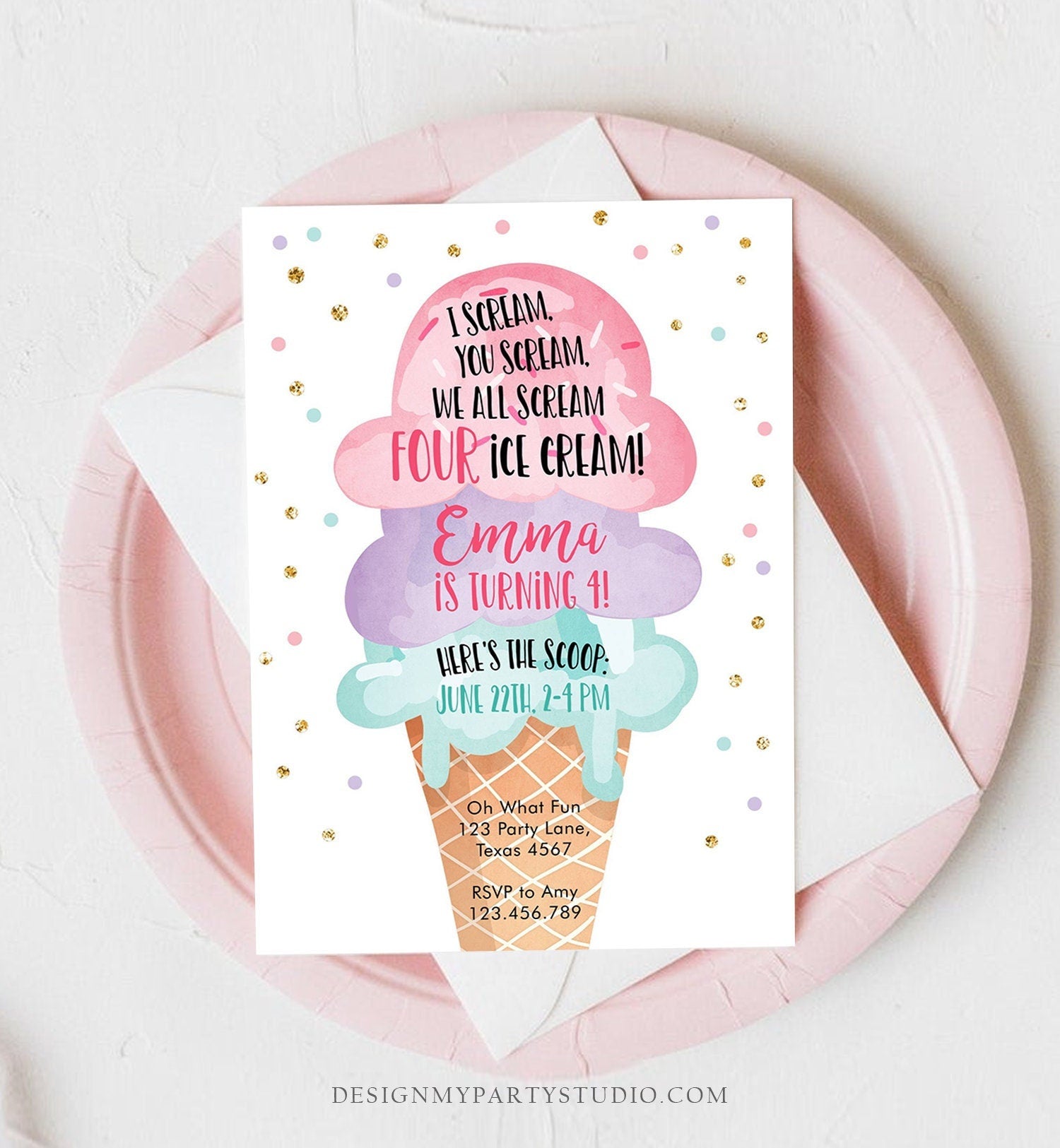 Editable Ice Cream I Scream Birthday Invitation Four Birthday Party 4th Here's the Scoop Cone Pink Mint Gold Purple Corjl Template 0243