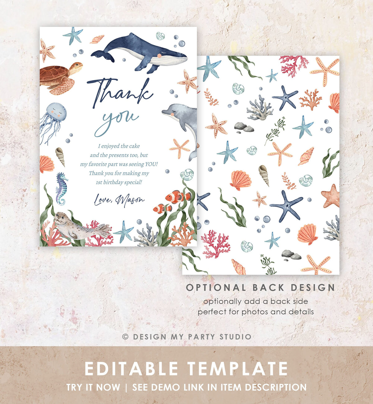 Editable Under the Sea Thank You Card Sea Ocean Animals Life Birthday Thank You Note Whale Turtle Dolphin Digital Template Printable 0504