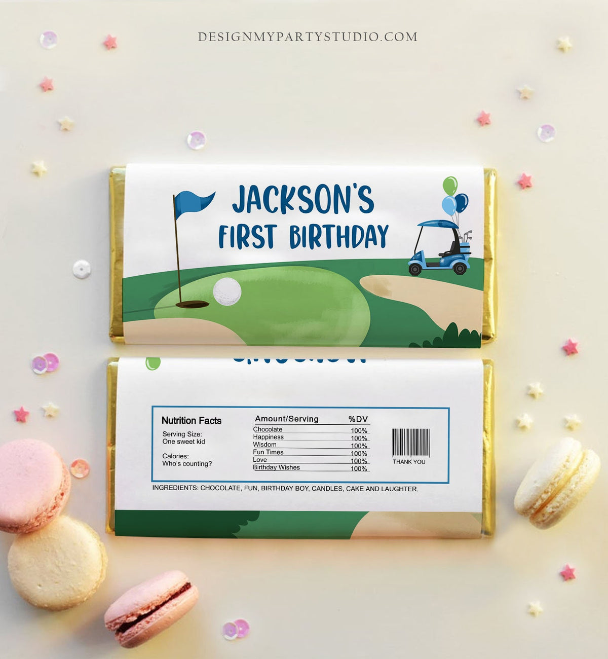 Editable Golf Candy Bar Wrapper Boy Blue Golf Cart Birthday Label Par-Tee Golfing Party Hole in One Digital Download Template Printable 0405