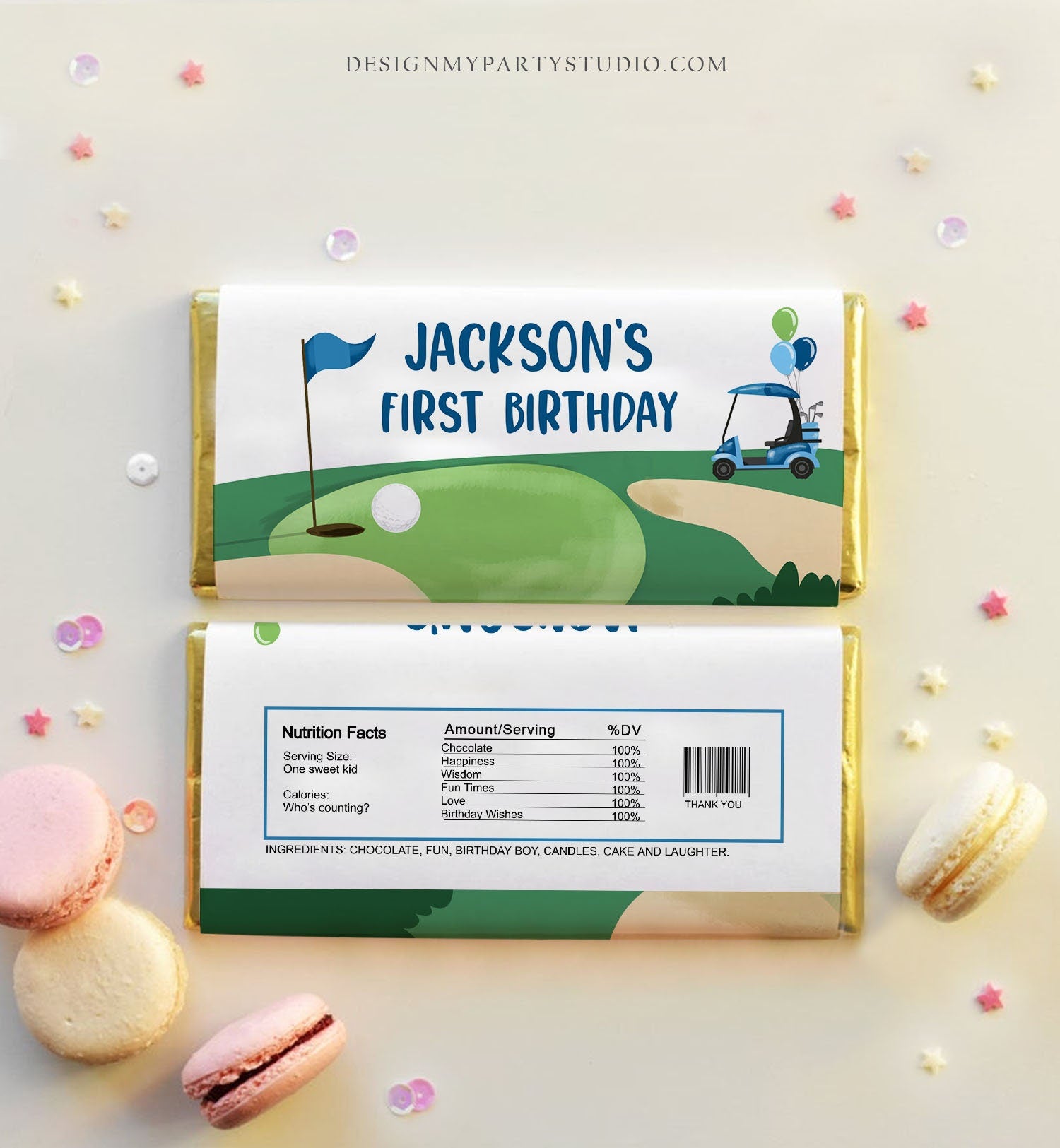 Editable Golf Candy Bar Wrapper Boy Blue Golf Cart Birthday Label Par-Tee Golfing Party Hole in One Digital Download Template Printable 0405