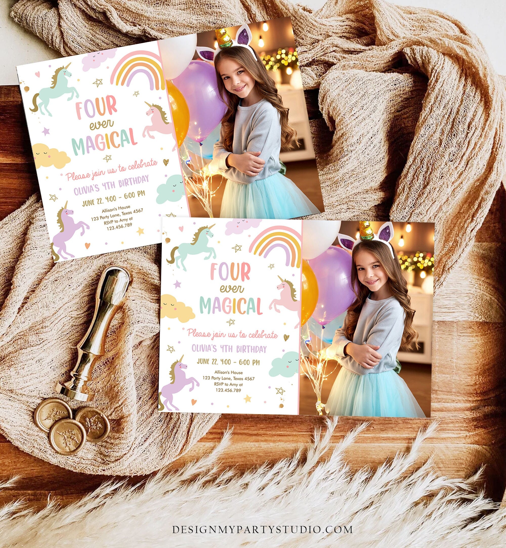 Editable Unicorn 4th Birthday Invitation Four Ever Magical Party Invite Girl Pastel Fourth Birthday Template Rainbow Download Corjl 0426