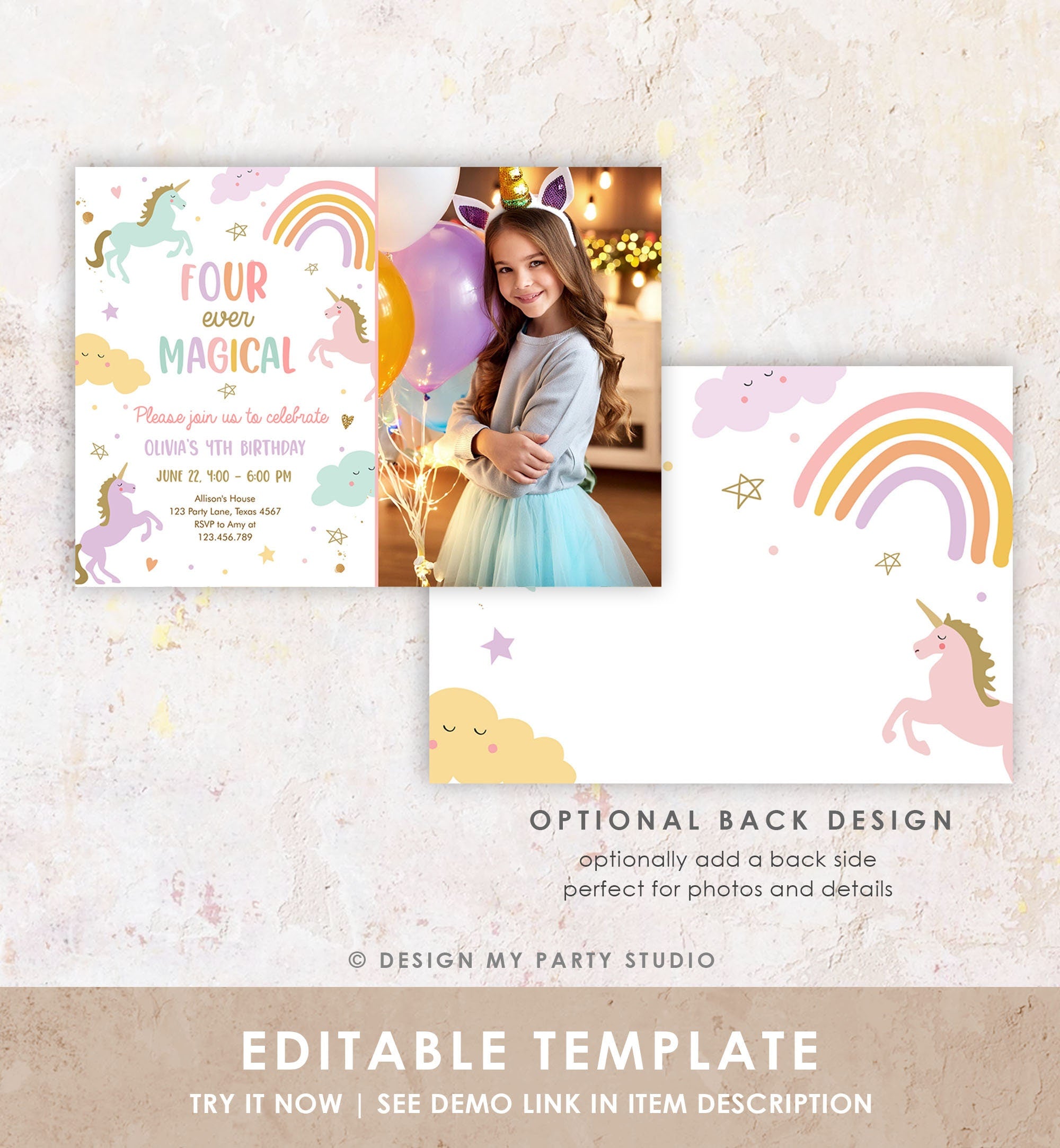 Editable Unicorn 4th Birthday Invitation Four Ever Magical Party Invite Girl Pastel Fourth Birthday Template Rainbow Download Corjl 0426