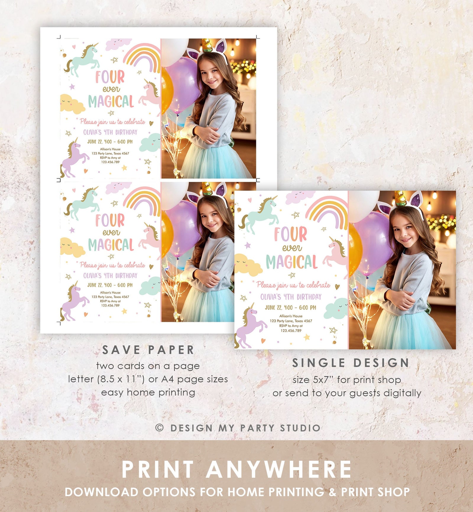 Editable Unicorn 4th Birthday Invitation Four Ever Magical Party Invite Girl Pastel Fourth Birthday Template Rainbow Download Corjl 0426