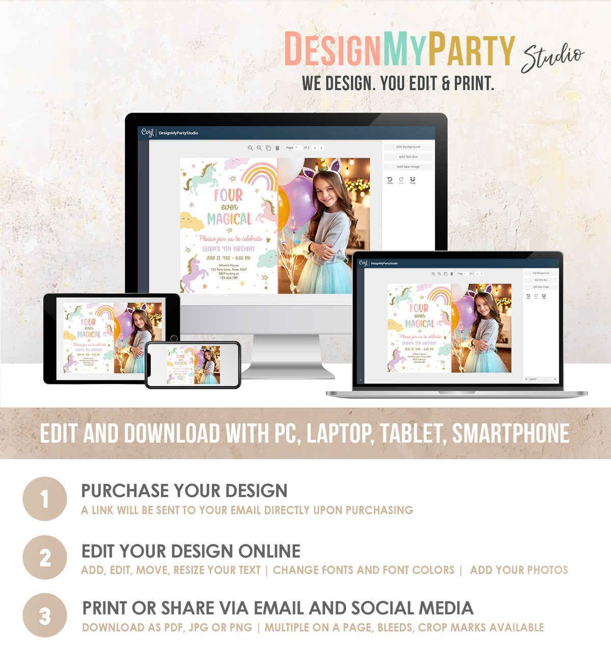 Editable Unicorn 4th Birthday Invitation Four Ever Magical Party Invite Girl Pastel Fourth Birthday Template Rainbow Download Corjl 0426