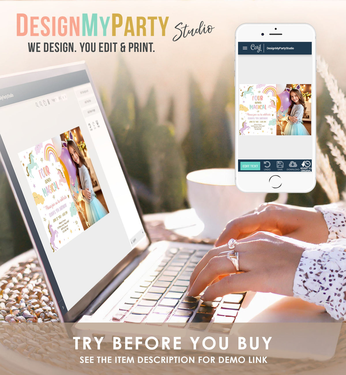 Editable Unicorn 4th Birthday Invitation Four Ever Magical Party Invite Girl Pastel Fourth Birthday Template Rainbow Download Corjl 0426