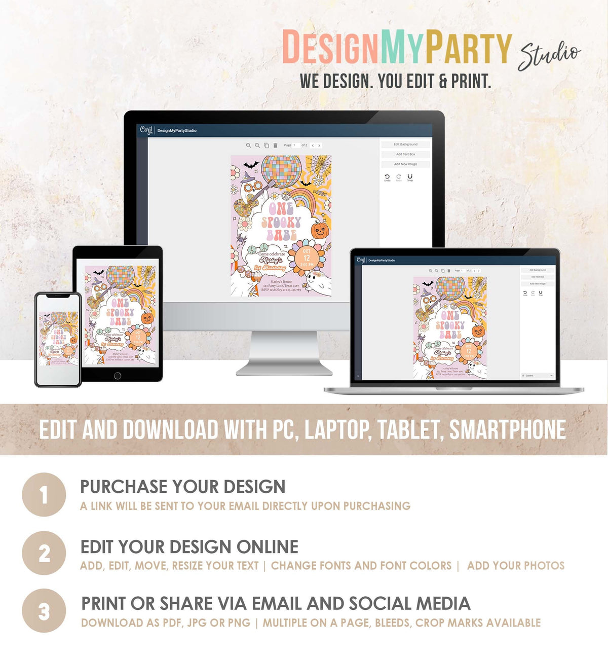 Editable Groovy Halloween 1st Birthday Invitation One Spooky Babe Pink Ghost Party Girl Spooktacular Download Printable Template Corjl 0471