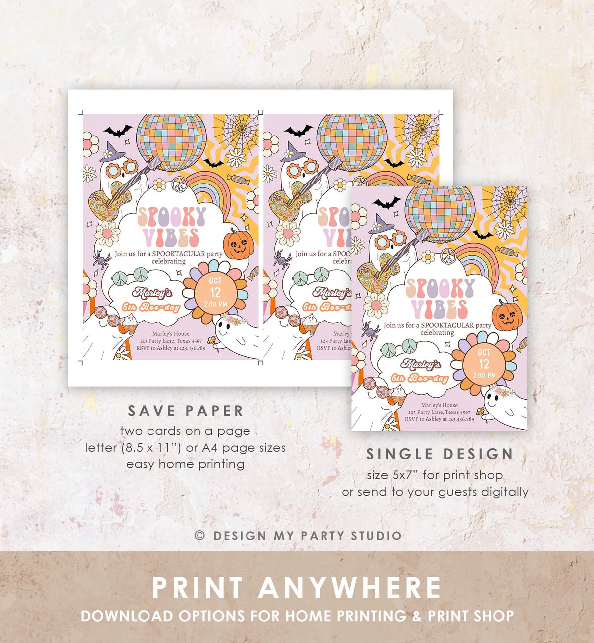 Editable Groovy Halloween Birthday Invitation Pink spooky Vibes Ghost Party Girl Spooktacular Spooky Download Printable Template Corjl 0471