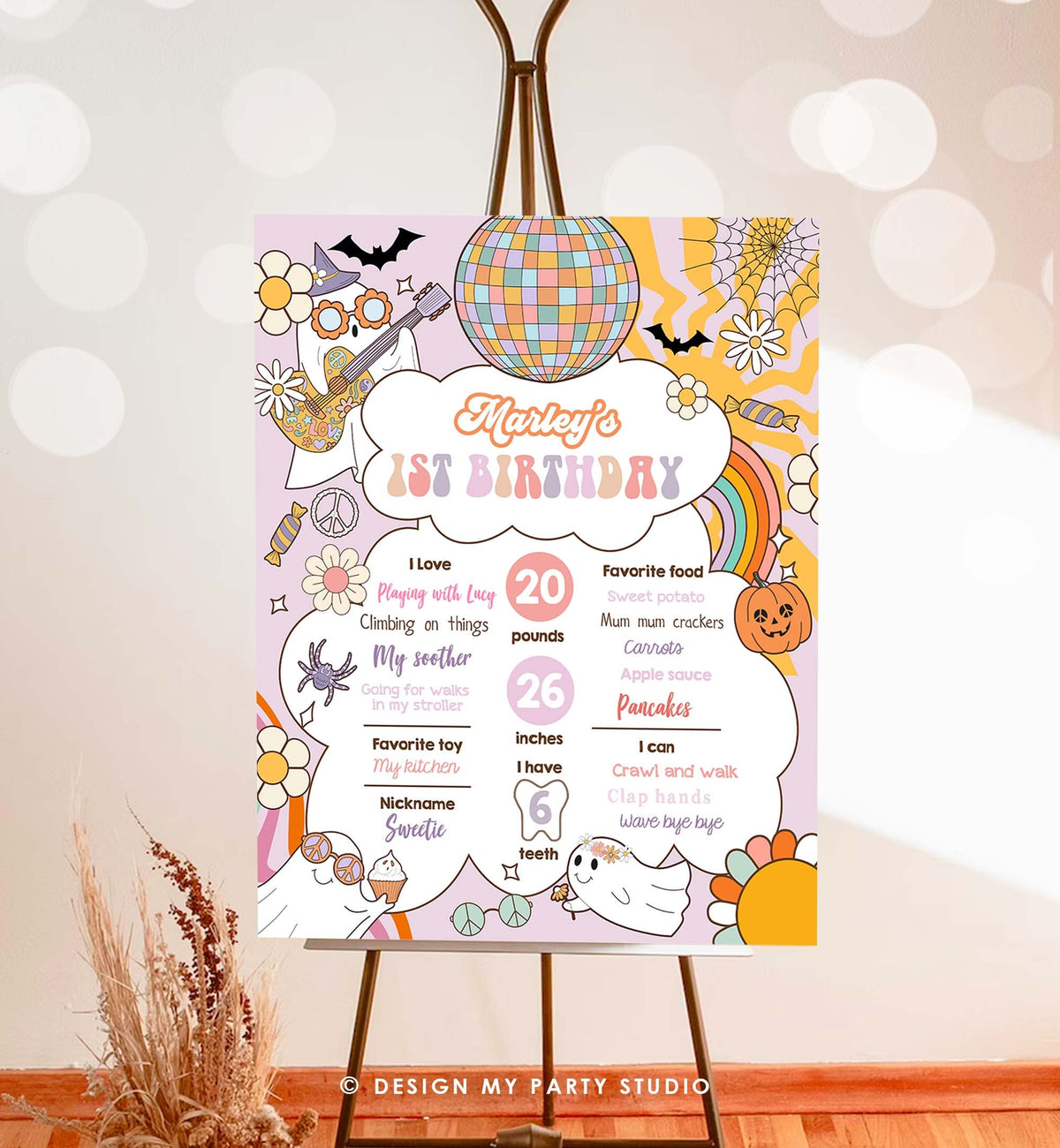 Editable Groovy Retro Halloween Birthday Milestones Sign Girl Rainbow Spooky Flower Power 70&#39;s Sun 1st Party Template Printable Digital 0471