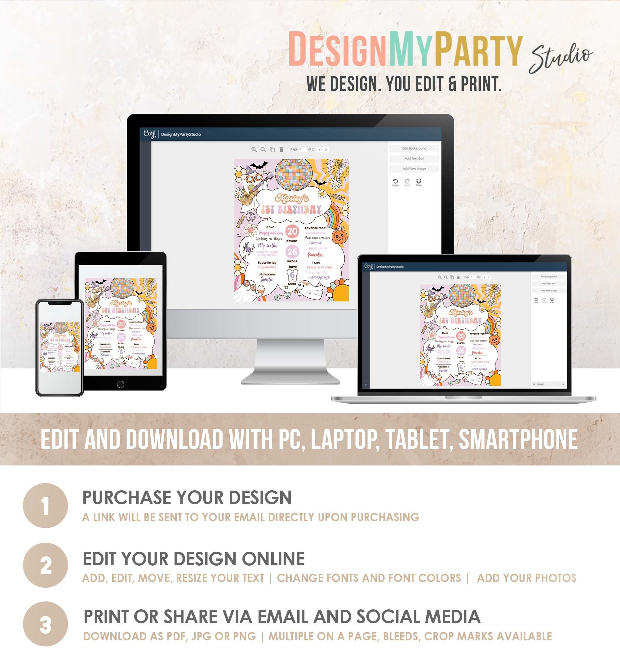 Editable Groovy Retro Halloween Birthday Milestones Sign Girl Rainbow Spooky Flower Power 70's Sun 1st Party Template Printable Digital 0471