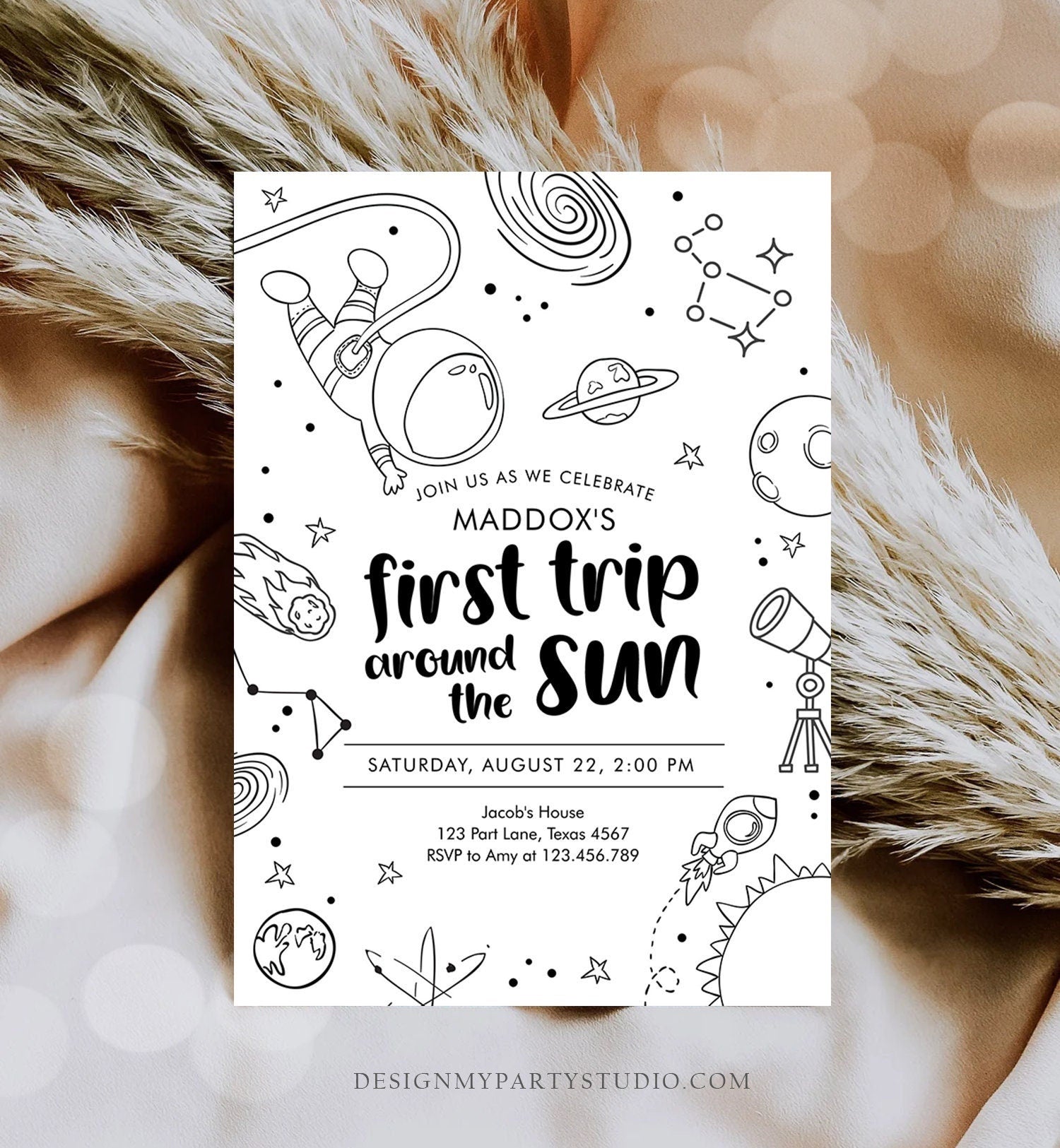 Editable Outer Space First Birthday Invitation Galaxy Blast Off First Trip Around the Sun Digital Download Evite Template Printable 0467