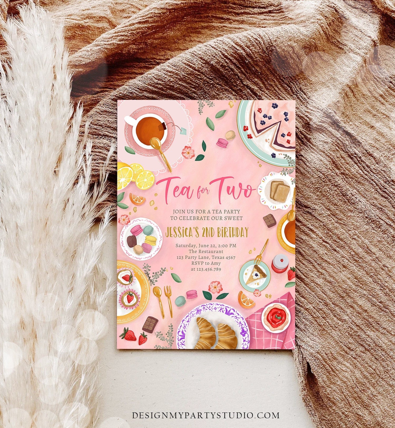 Editable Tea for Two Birthday Invitation Girl Tea Party Invite Pink Gold Floral Peach Pink Download Printable Template Corjl Digital 0478