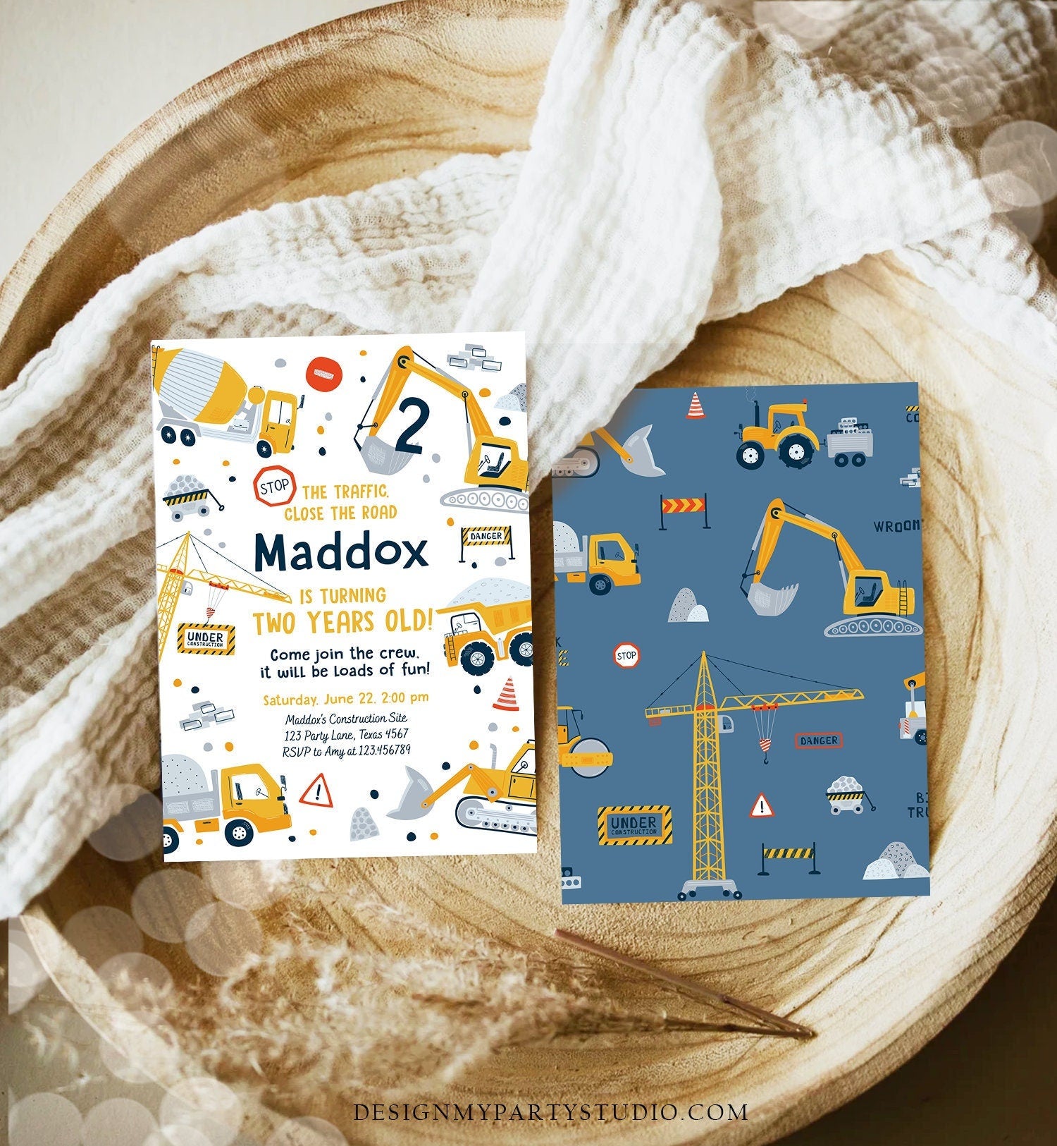 Editable Construction Birthday Invitation Yellow Dump Truck Excavator Digger Party Boy Digital Download Evite Template Printable 0458