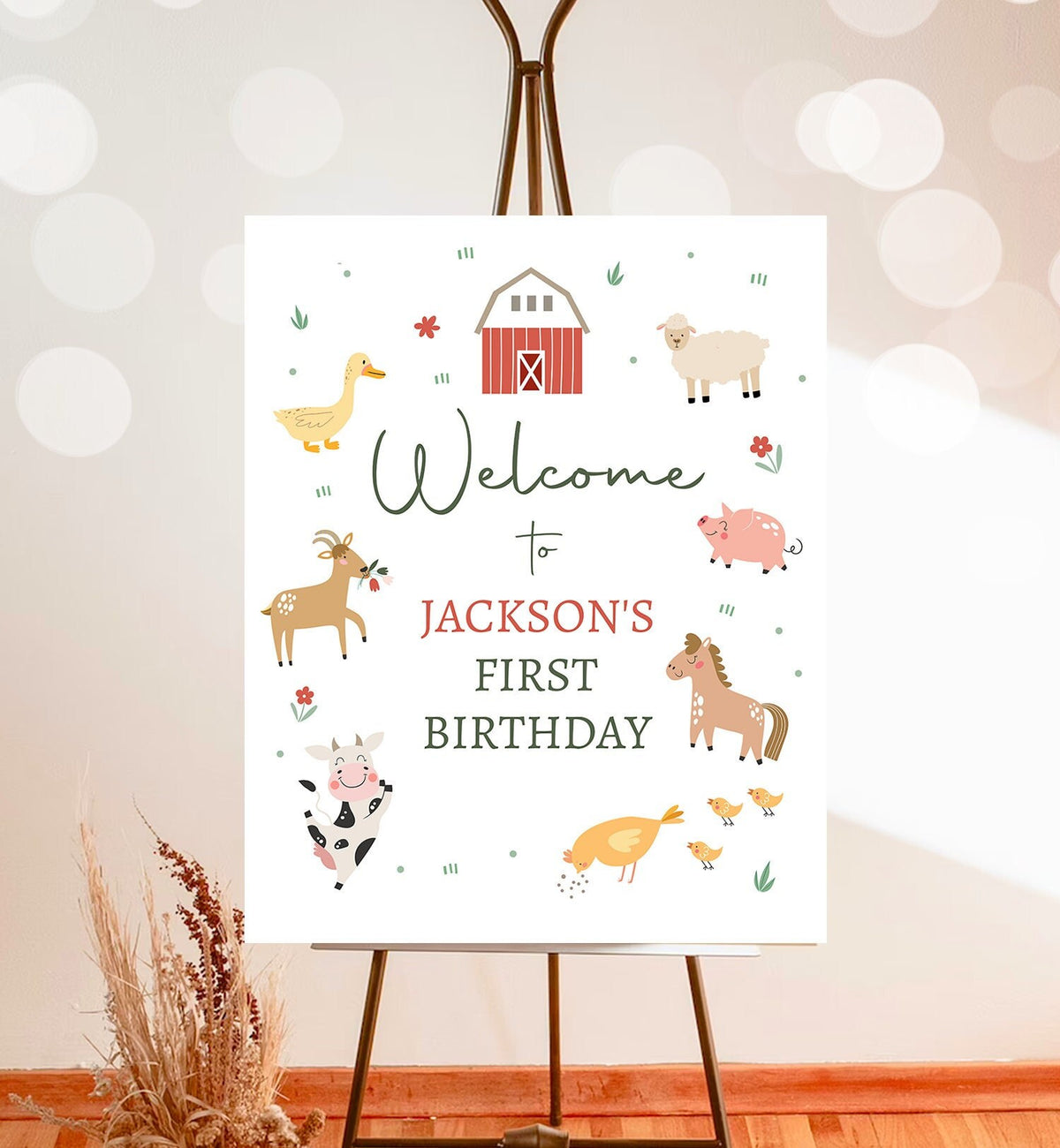 Editable Farm Birthday Welcome Sign Barnyard Birthday Welcome Sign Farm Animals Birthday Sign Boy Red Modern Digital Template Printable 0436