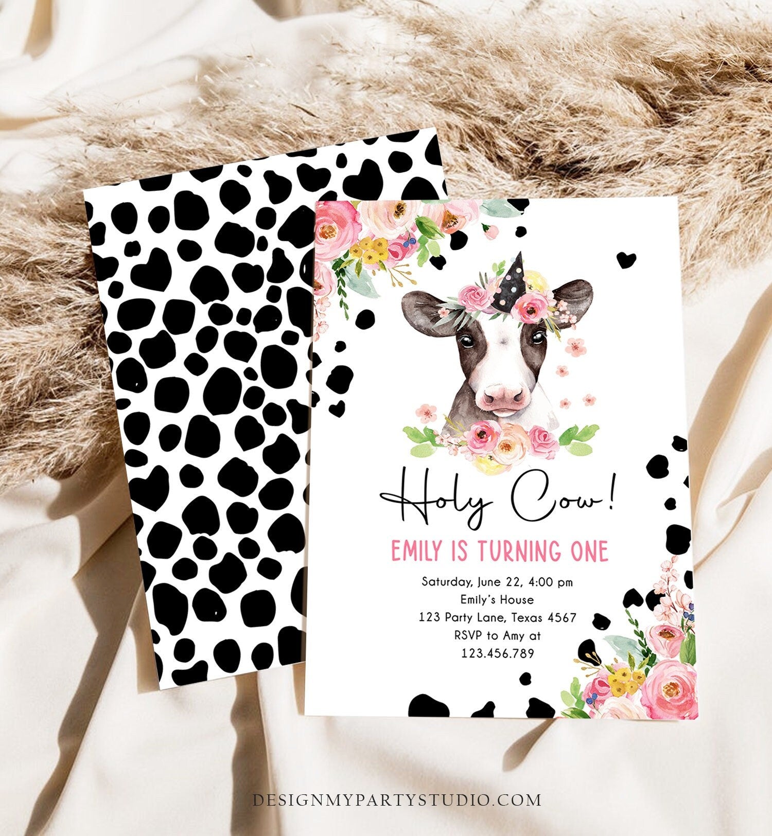 Editable Cow Birthday Invitation Girl Farm Animals Pink Floral Barnyard Party Holy Cow Party One Digital Download Template Printable 0434