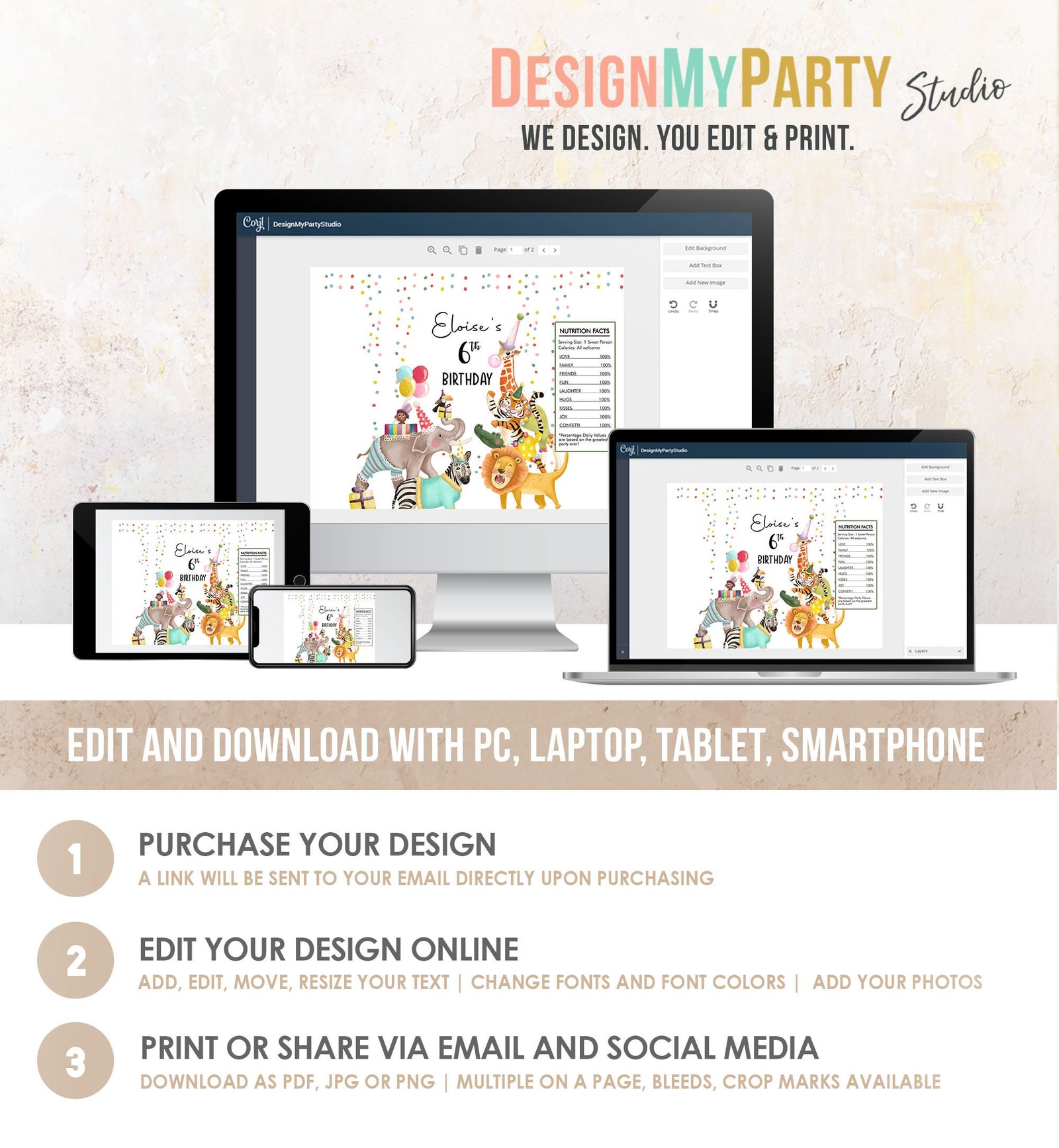 Editable Party Animals Birthday Chip Bag Wild One Decor Boy Girl Safari Animals Snack Favors Zoo Wild Three Digital Template Printable 0482