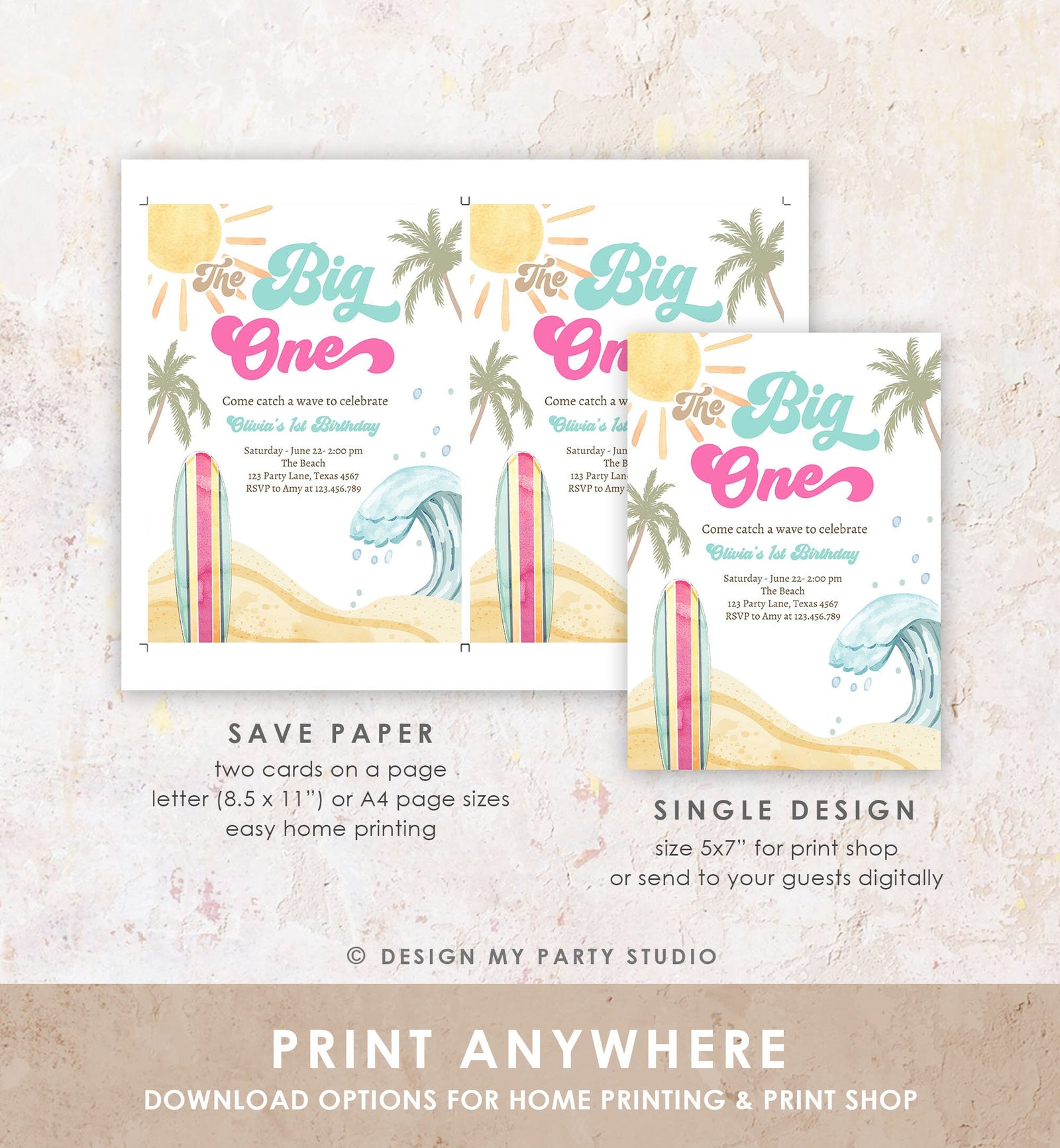 Editable The Big One Surf 1st Birthday Invitation Retro Surfboard Beach Party Girl Pink Surfer Boho Digital Download Template Printable 0433