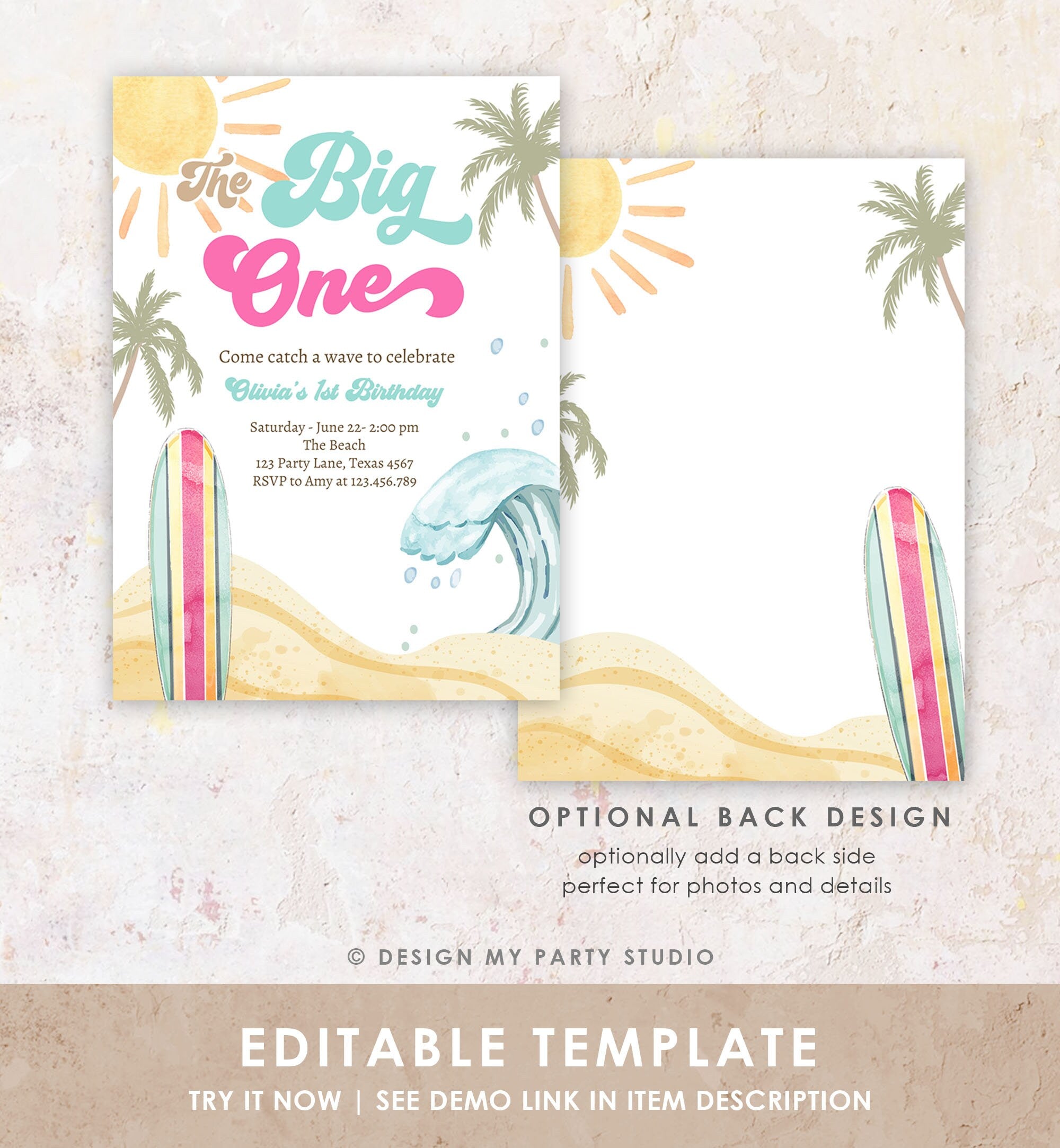 Editable The Big One Surf 1st Birthday Invitation Retro Surfboard Beach Party Girl Pink Surfer Boho Digital Download Template Printable 0433