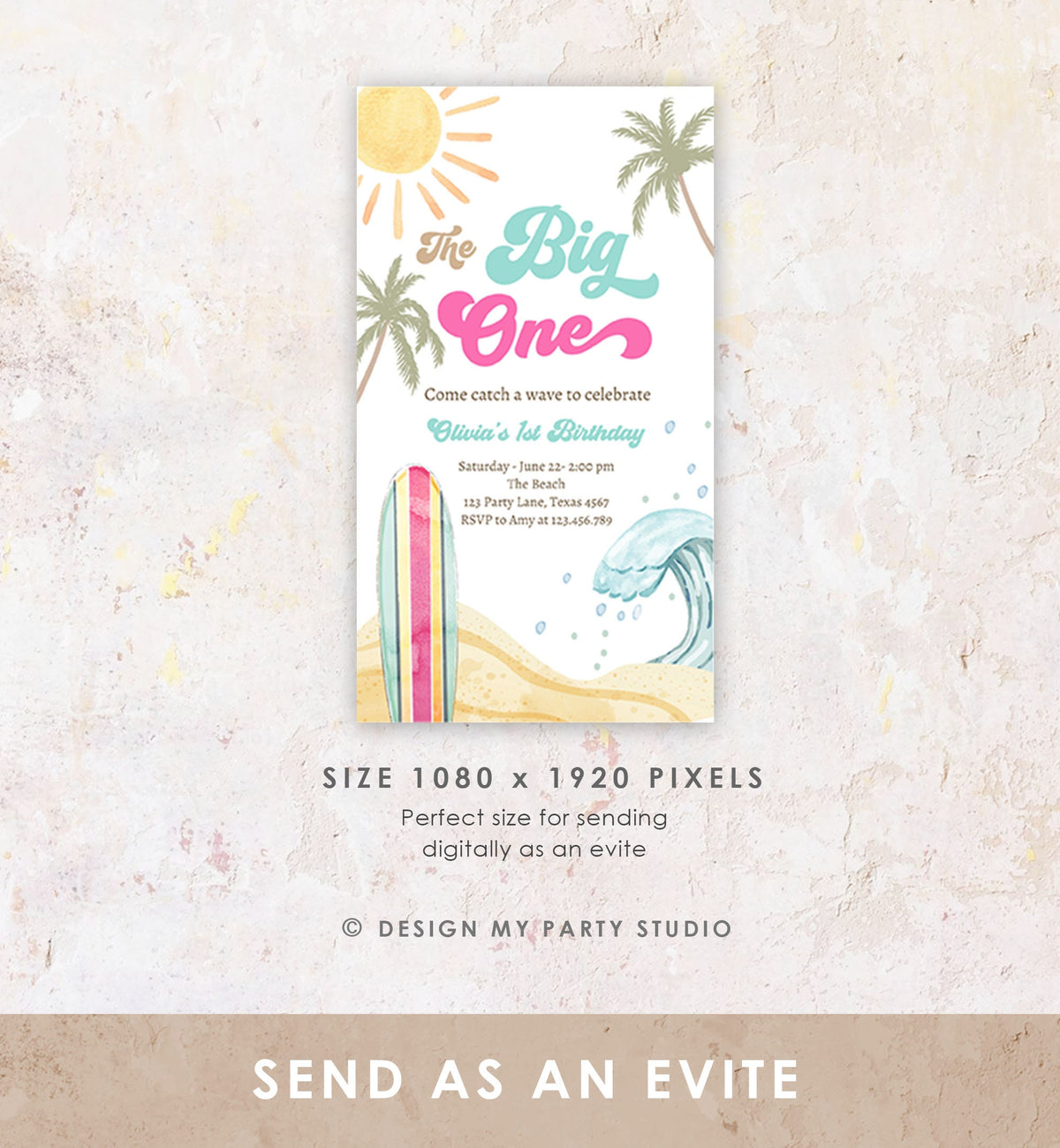 Editable The Big One Surf 1st Birthday Invitation Retro Surfboard Beach Party Wave Surfer Boho Girl Evite Digital Download Template 0433