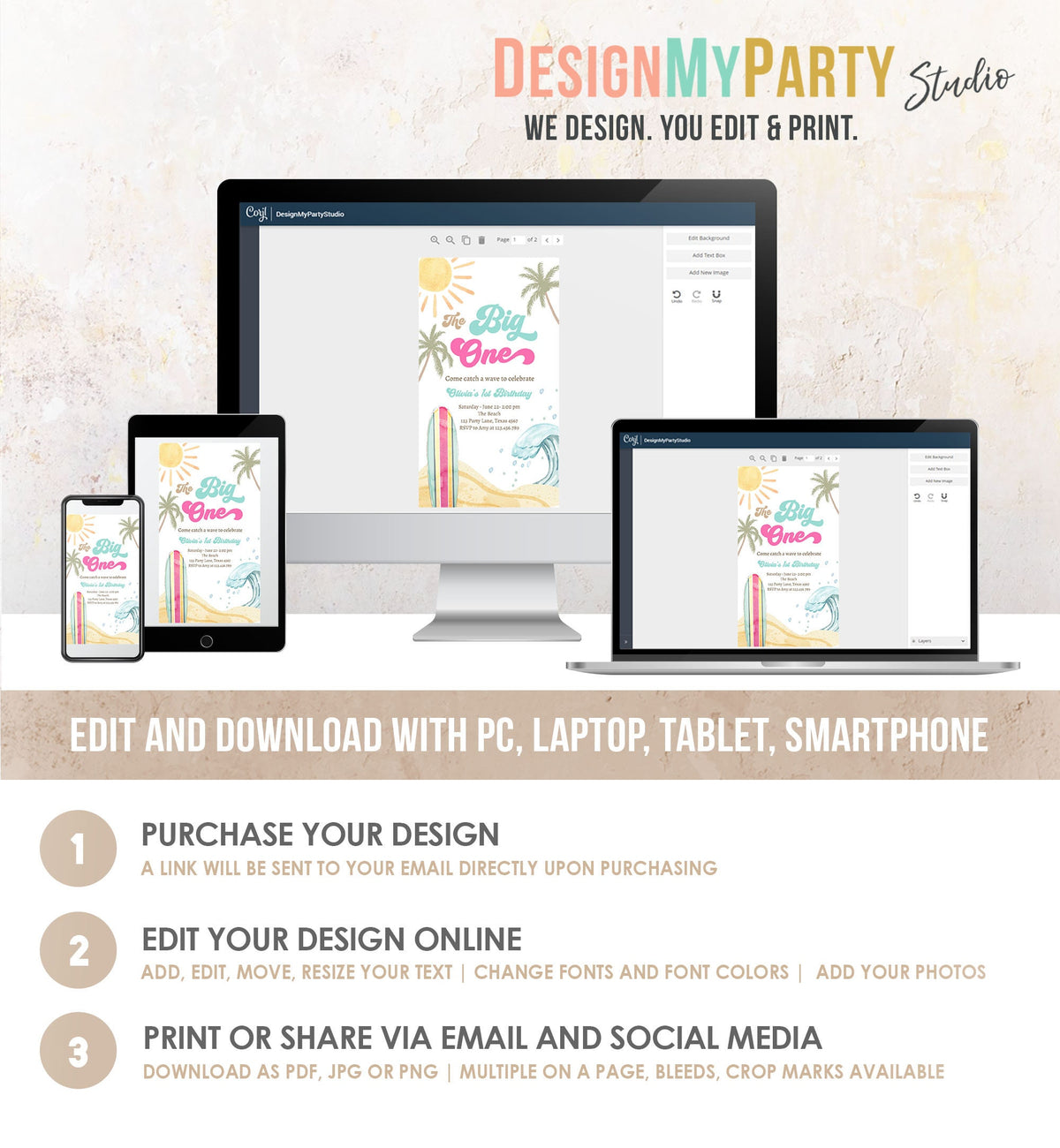 Editable The Big One Surf 1st Birthday Invitation Retro Surfboard Beach Party Wave Surfer Boho Girl Evite Digital Download Template 0433