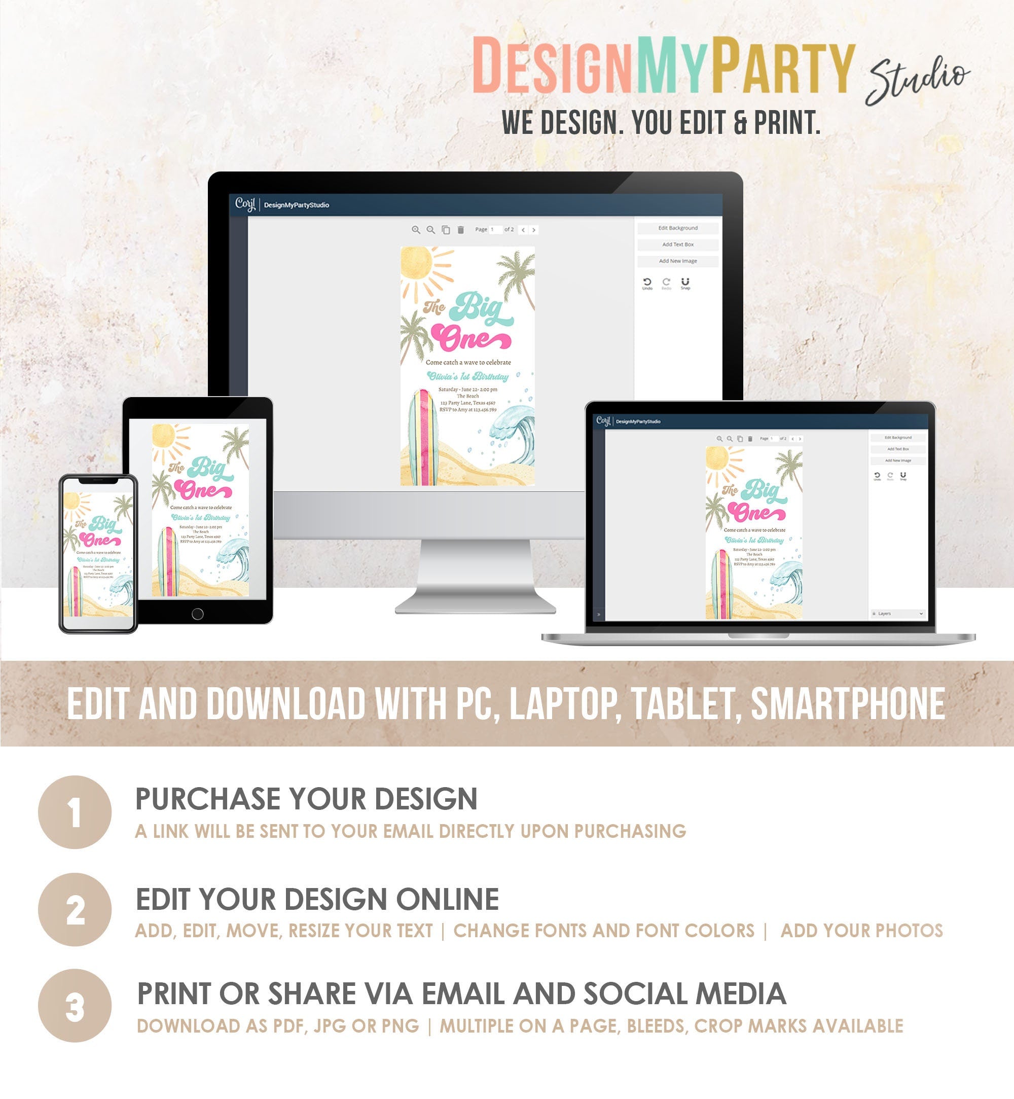 Editable The Big One Surf 1st Birthday Invitation Retro Surfboard Beach Party Wave Surfer Boho Girl Evite Digital Download Template 0433